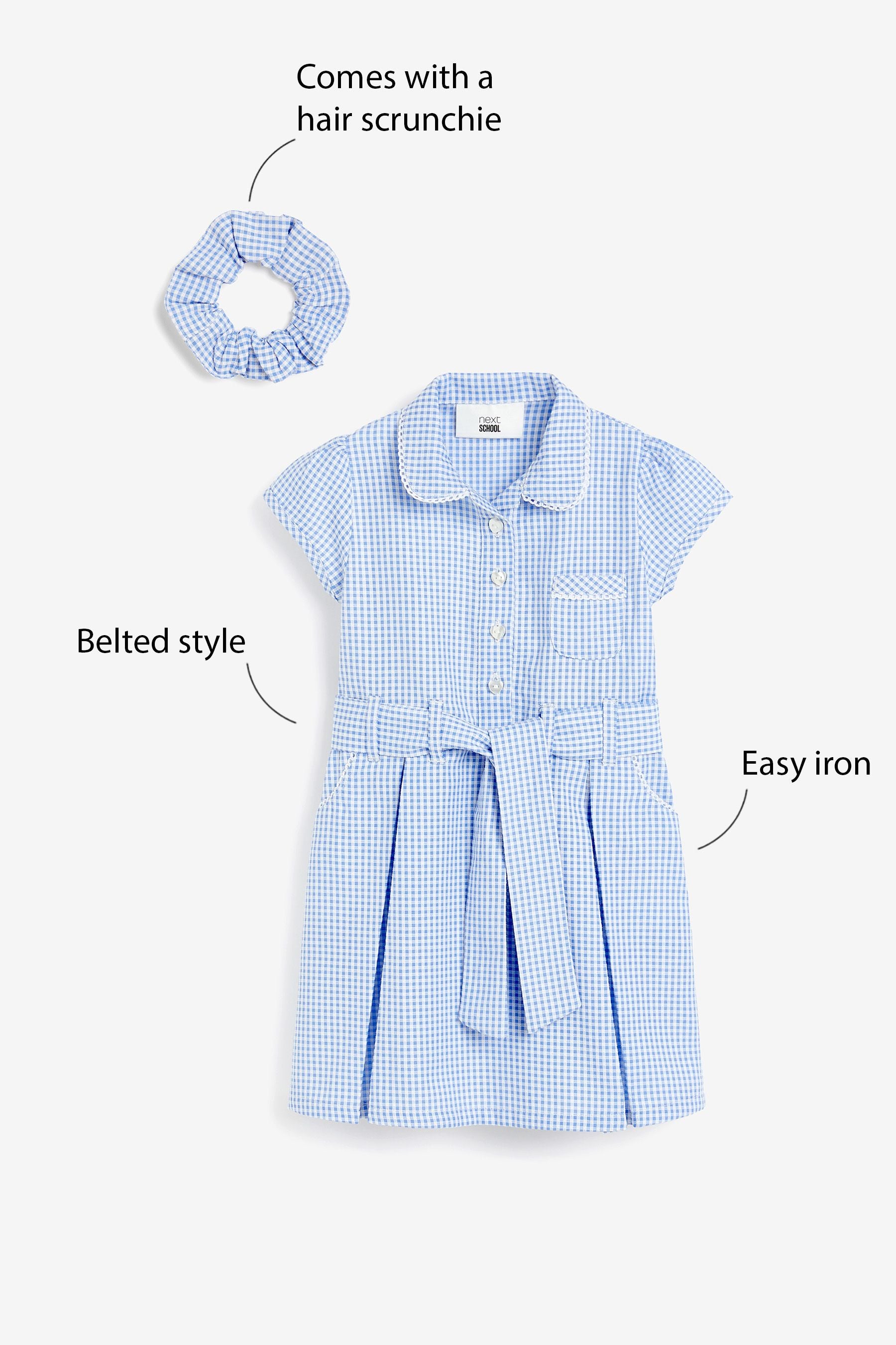 Blue Gingham Cotton Rich Belted School Dress With Scrunchie (3-14yrs)