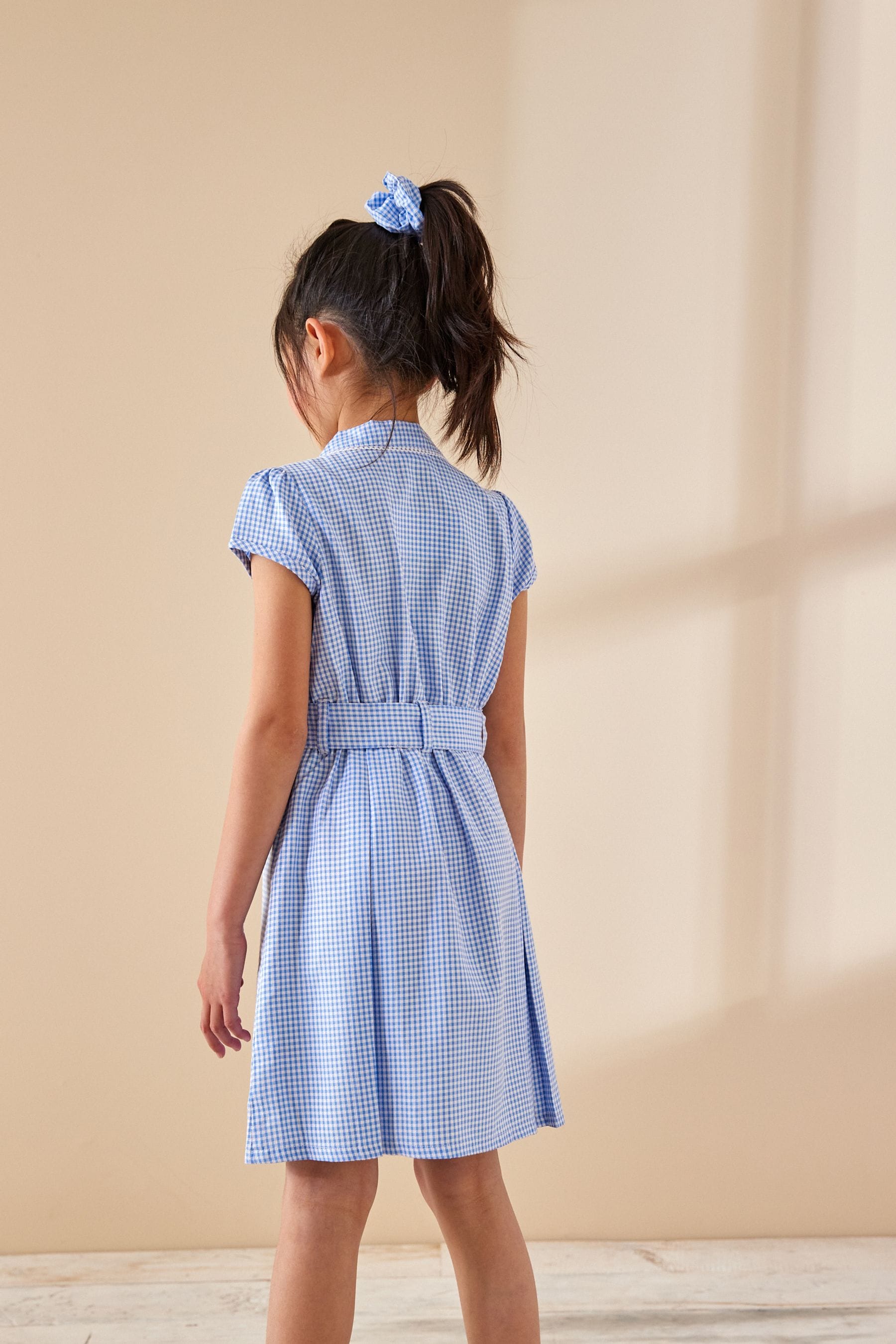 Blue Gingham Cotton Rich Belted School Dress With Scrunchie (3-14yrs)