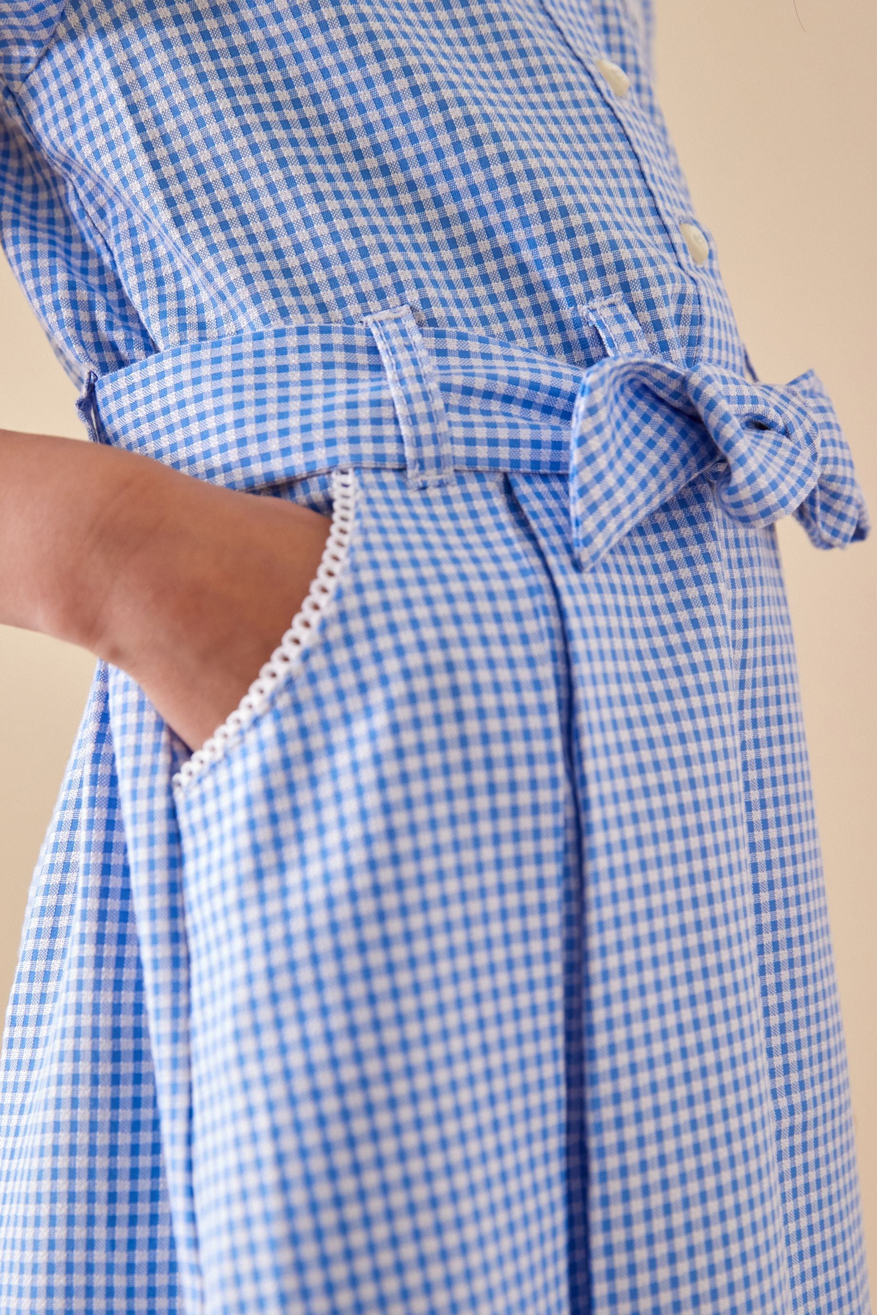 Blue Gingham Cotton Rich Belted School Dress With Scrunchie (3-14yrs)