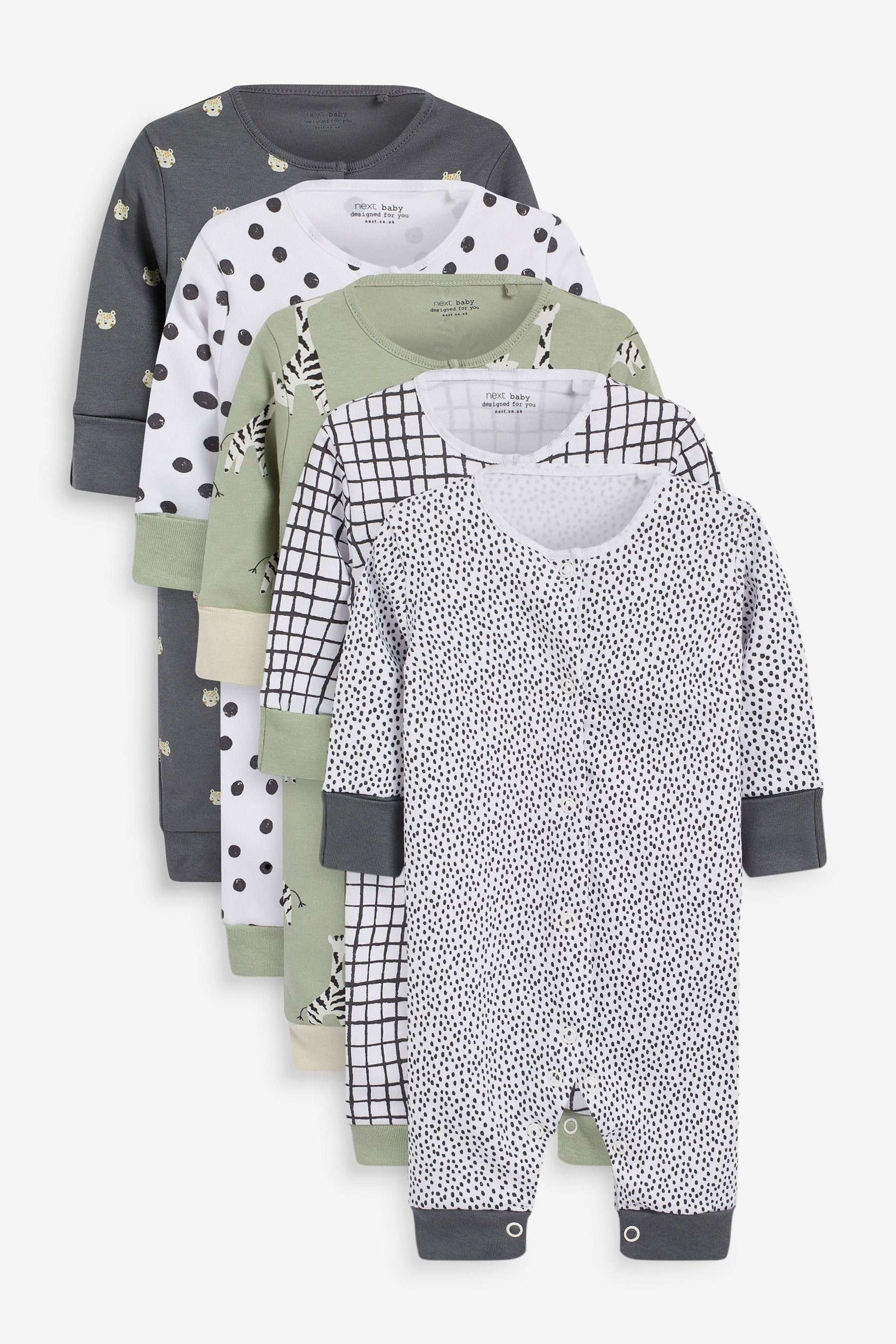 Mint Green/Charcoal Grey Baby 5 Pack Printed Footless Sleepsuits (0mths-3yrs)