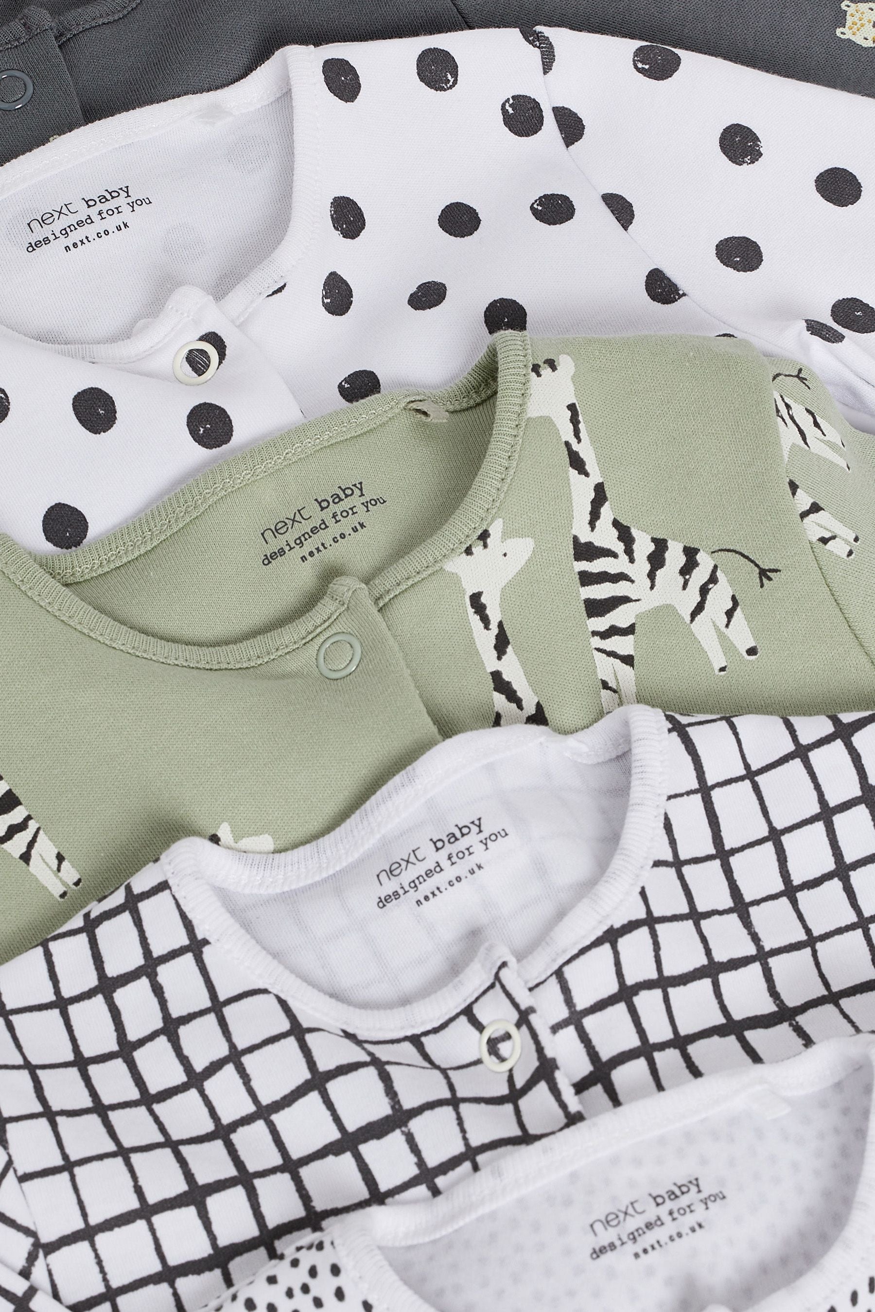 Mint Green/Charcoal Grey Baby 5 Pack Printed Footless Sleepsuits (0mths-3yrs)