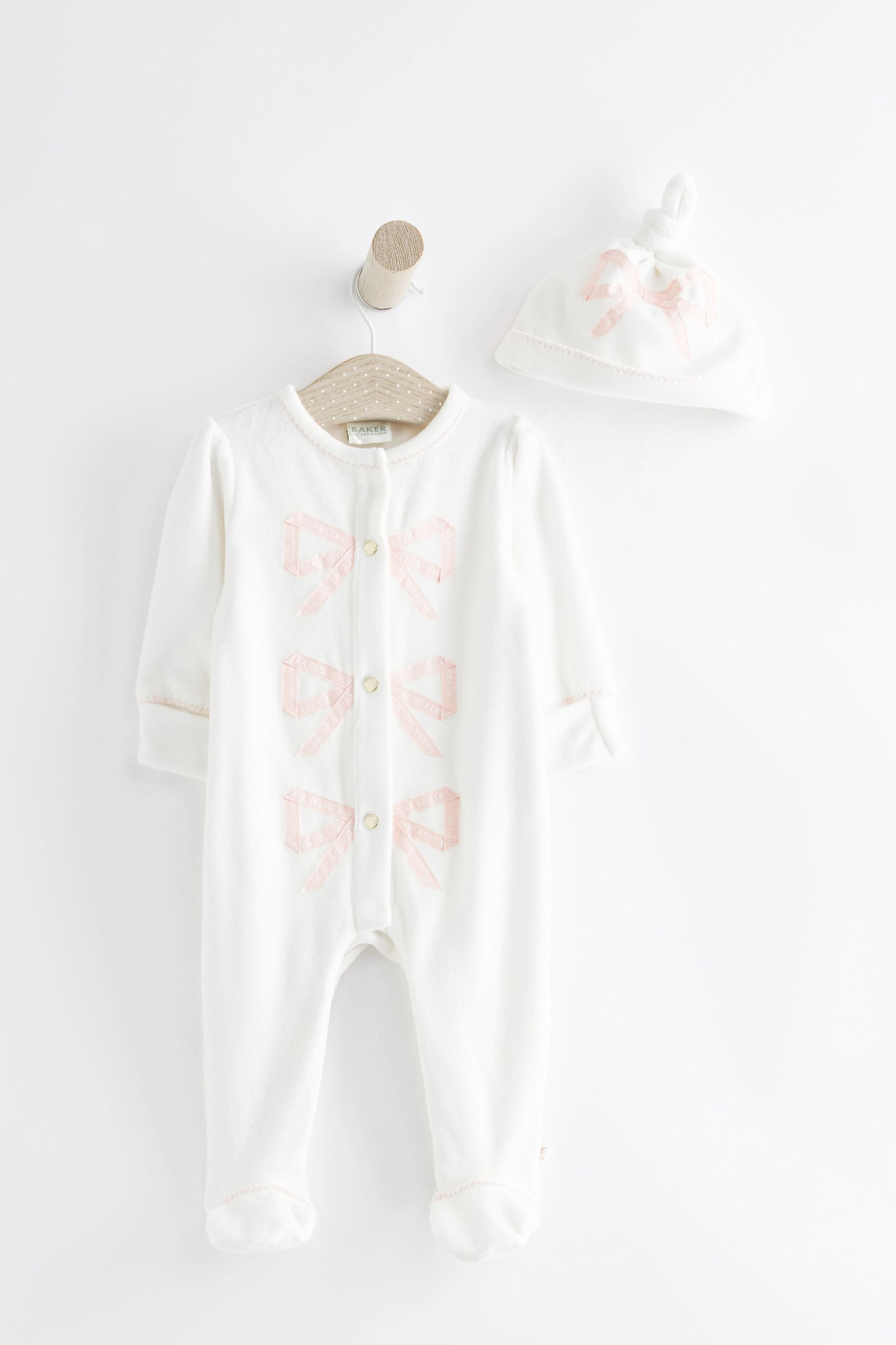 White Baker by Ted Baker Bow White Velour Sleepsuit and Hat Set