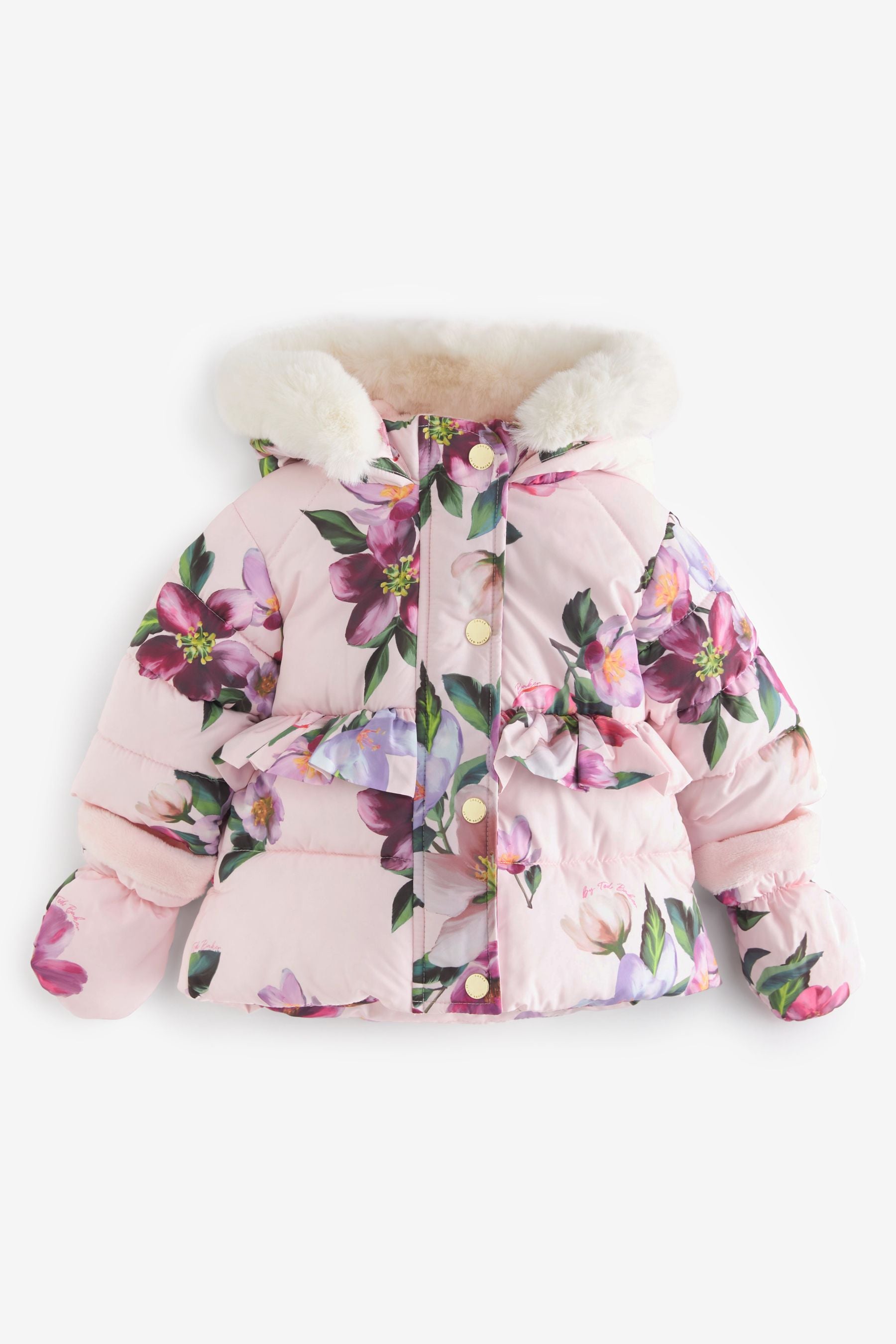 Pink Baker by Ted Baker Shower Resistant Pink Floral Coat With Mittens