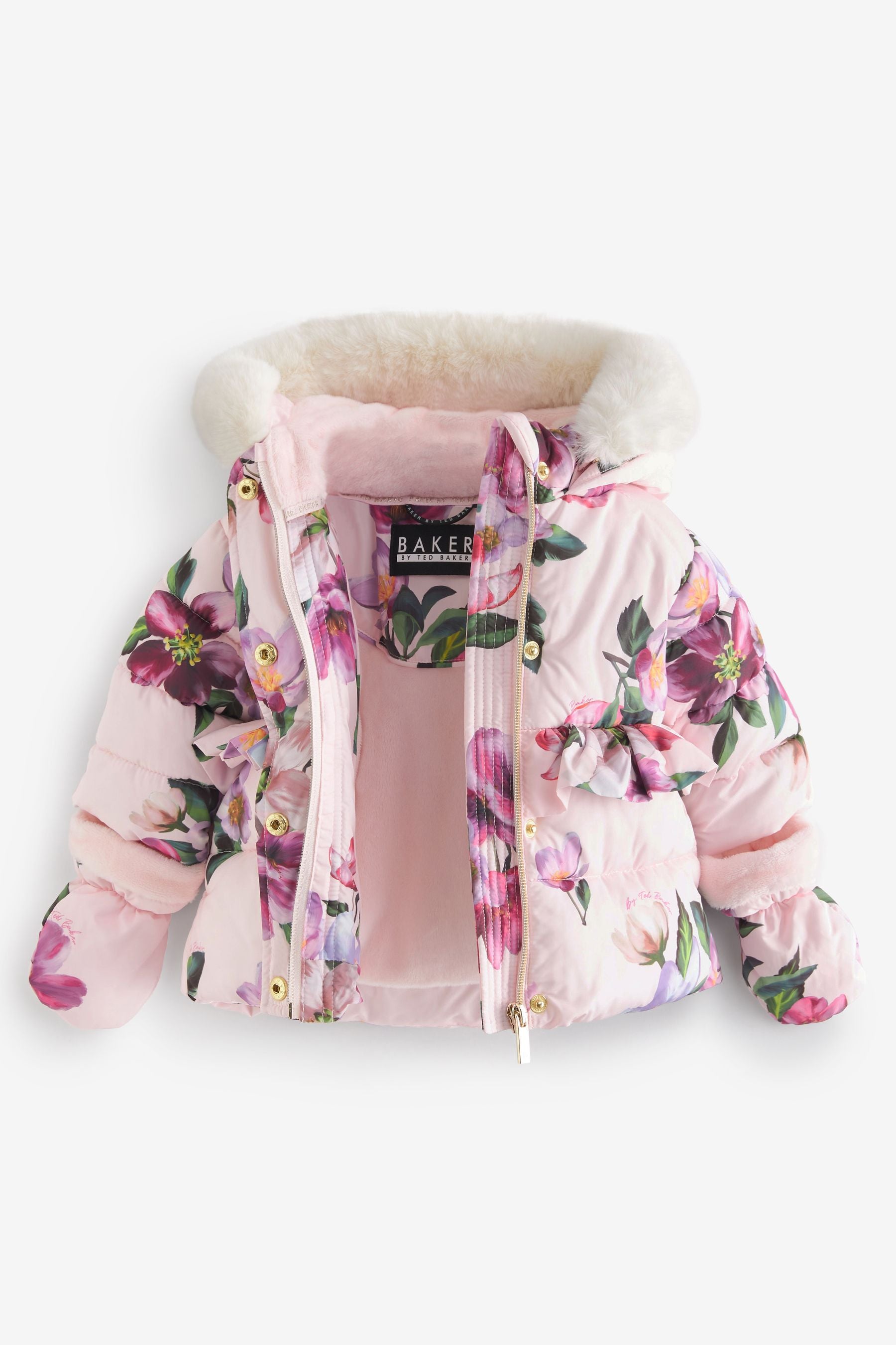 Pink Baker by Ted Baker Shower Resistant Pink Floral Coat With Mittens