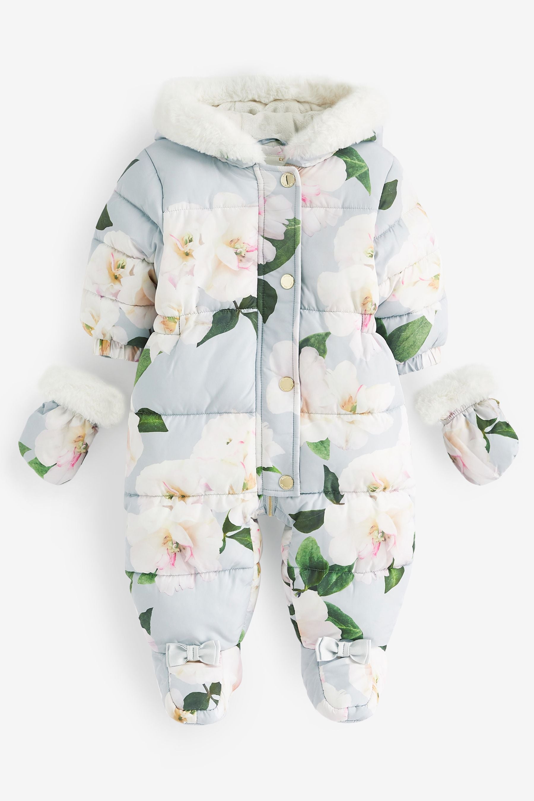 Light Grey Baker by Ted Baker Shower Resistant Floral Snowsuit With Mittens