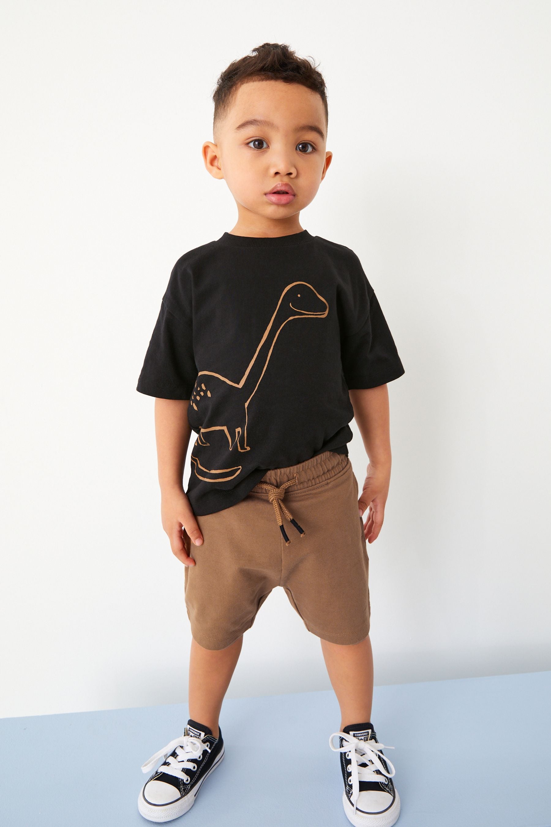 Black/Tan Brown Short Sleeve T-Shirts And Shorts 4 Piece Set (3mths-7yrs)