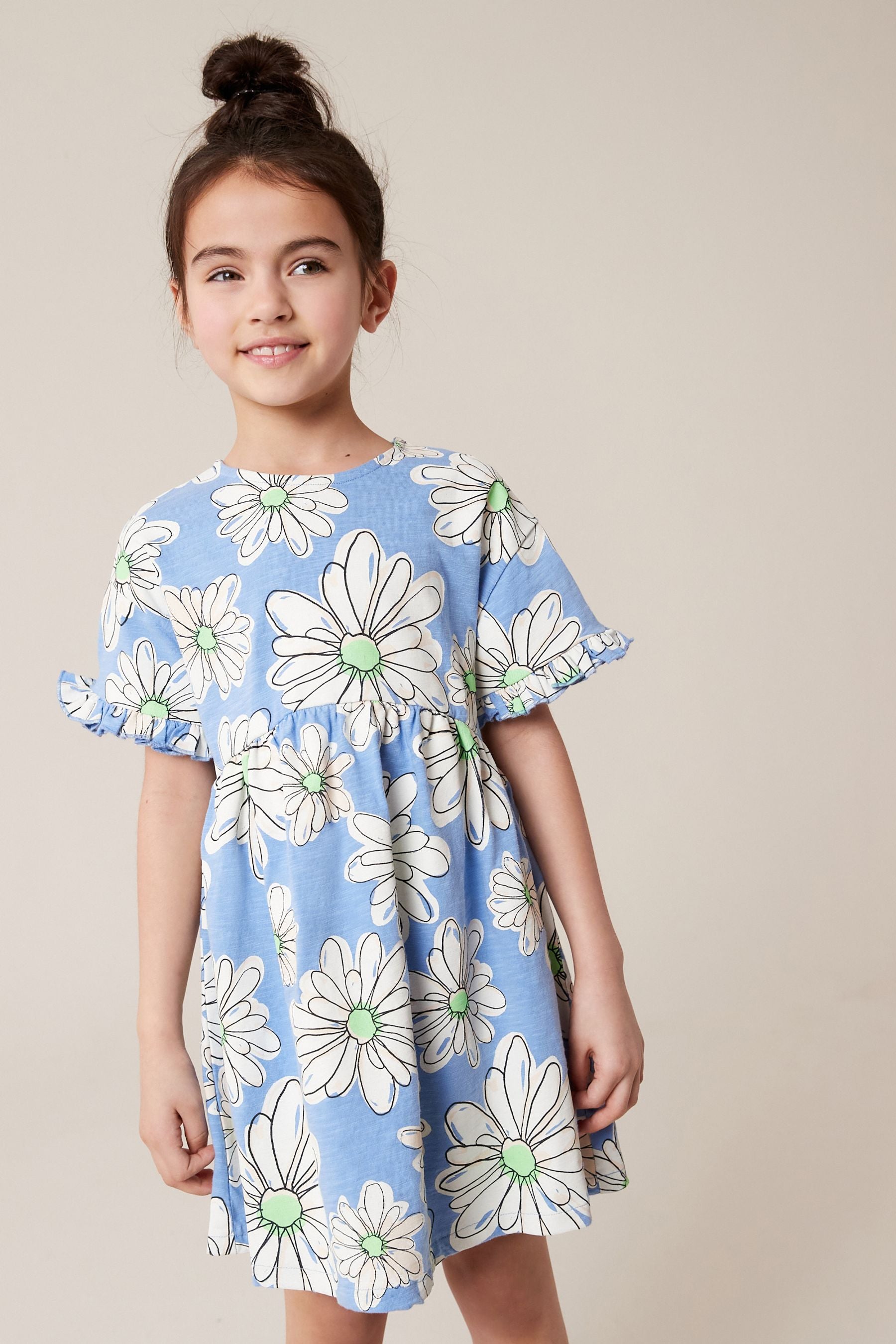 Blue Floral Short Sleeve Cotton Jersey Dress (3-16yrs)