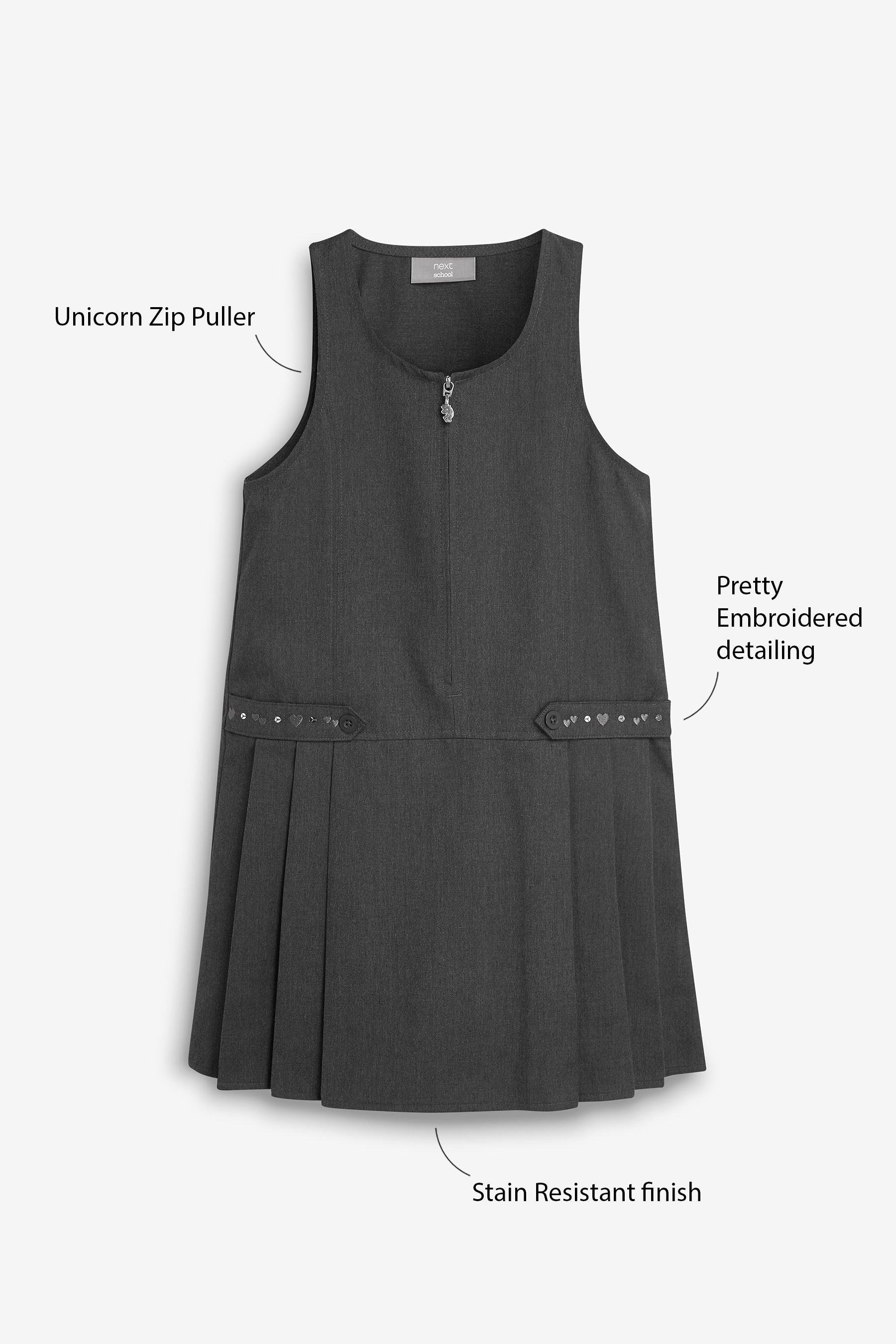 Grey Embroidered Pinafore School Dress (3-14yrs)