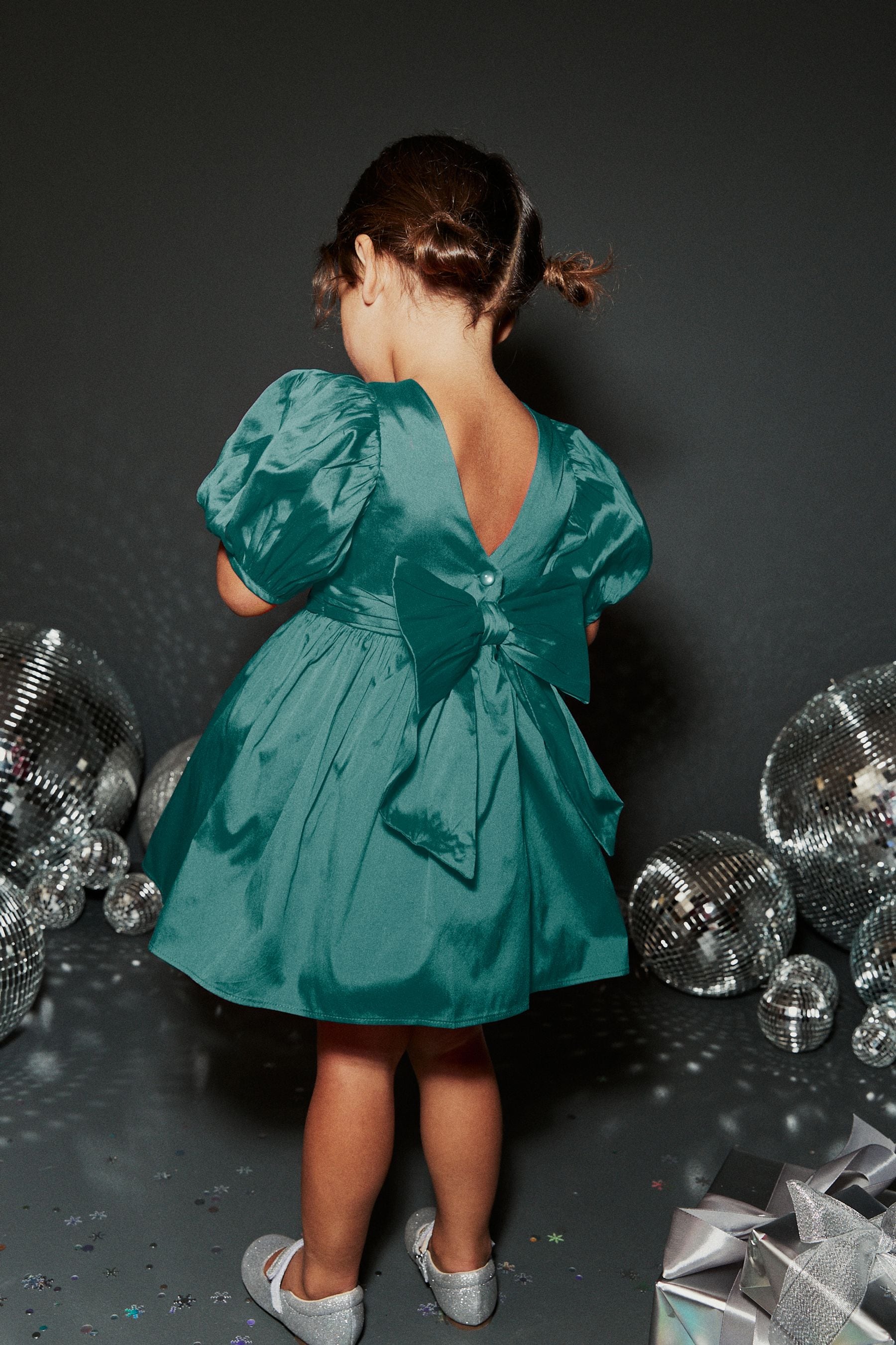 Teal Green Taffeta Flower Girl Bow Dress (3mths-8yrs)