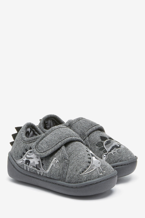 Grey Dinosaur Touch Fastening Cupsole Slippers