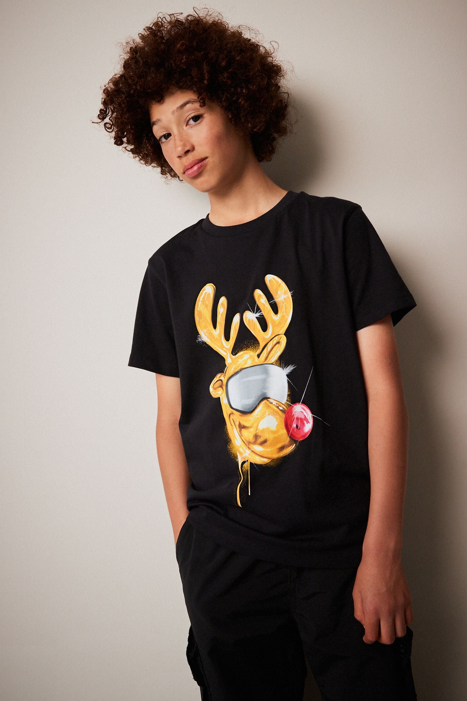 Black Reindeer Short Sleeve Christmas T-Shirt (3-16yrs)