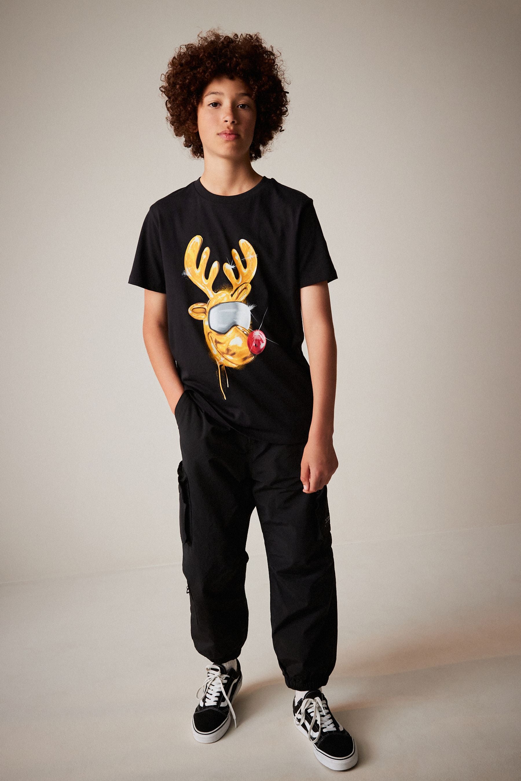 Black Reindeer Short Sleeve Christmas T-Shirt (3-16yrs)