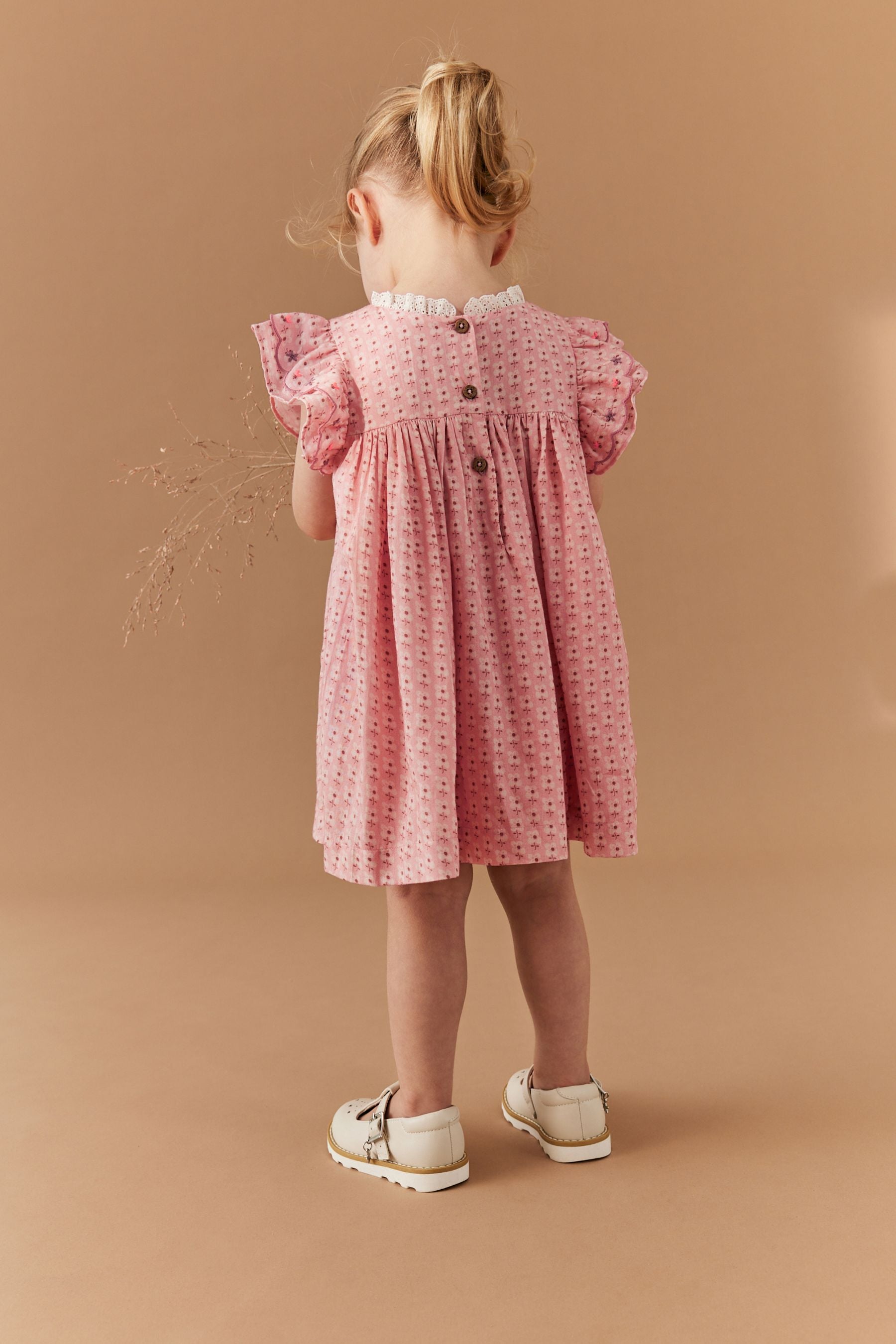 Pink Embroidered Shirred Frill Sleeve Dress (3mths-8yrs)