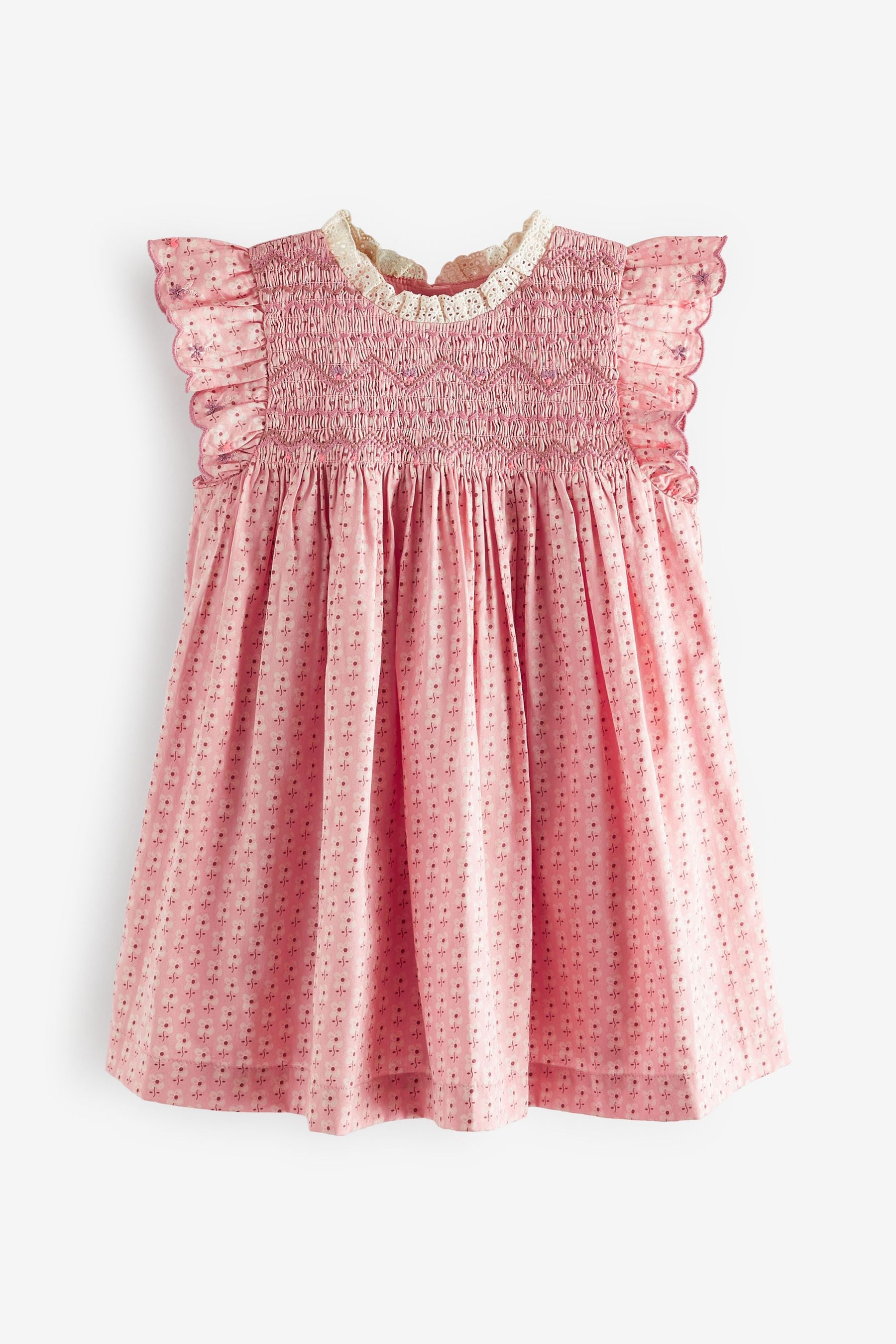 Pink Embroidered Shirred Frill Sleeve Dress (3mths-8yrs)