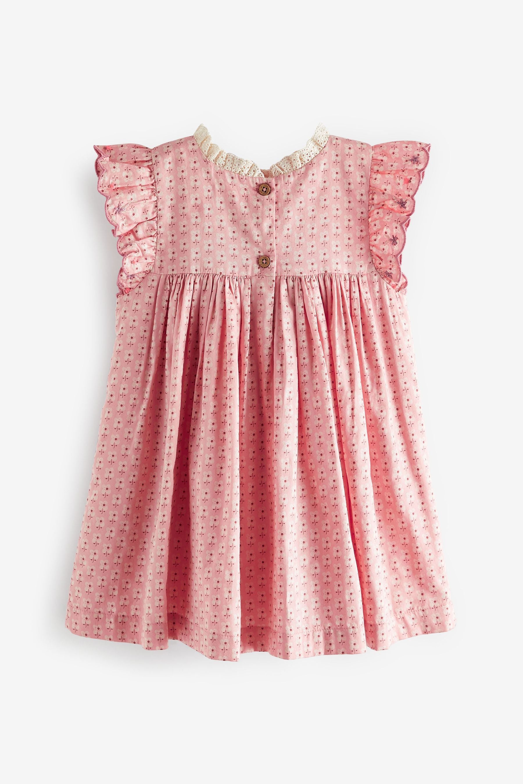 Pink Embroidered Shirred Frill Sleeve Dress (3mths-8yrs)