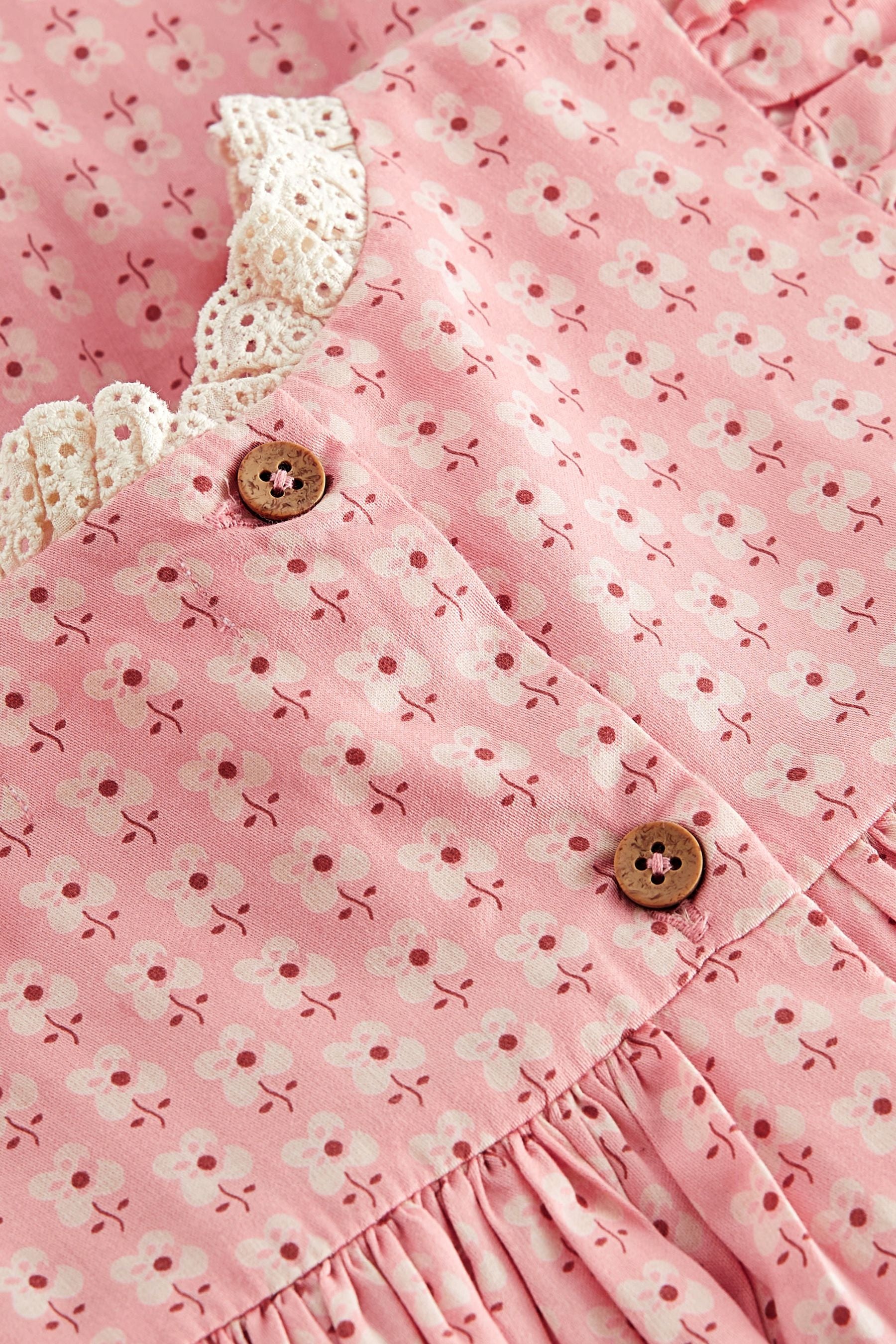 Pink Embroidered Shirred Frill Sleeve Dress (3mths-8yrs)