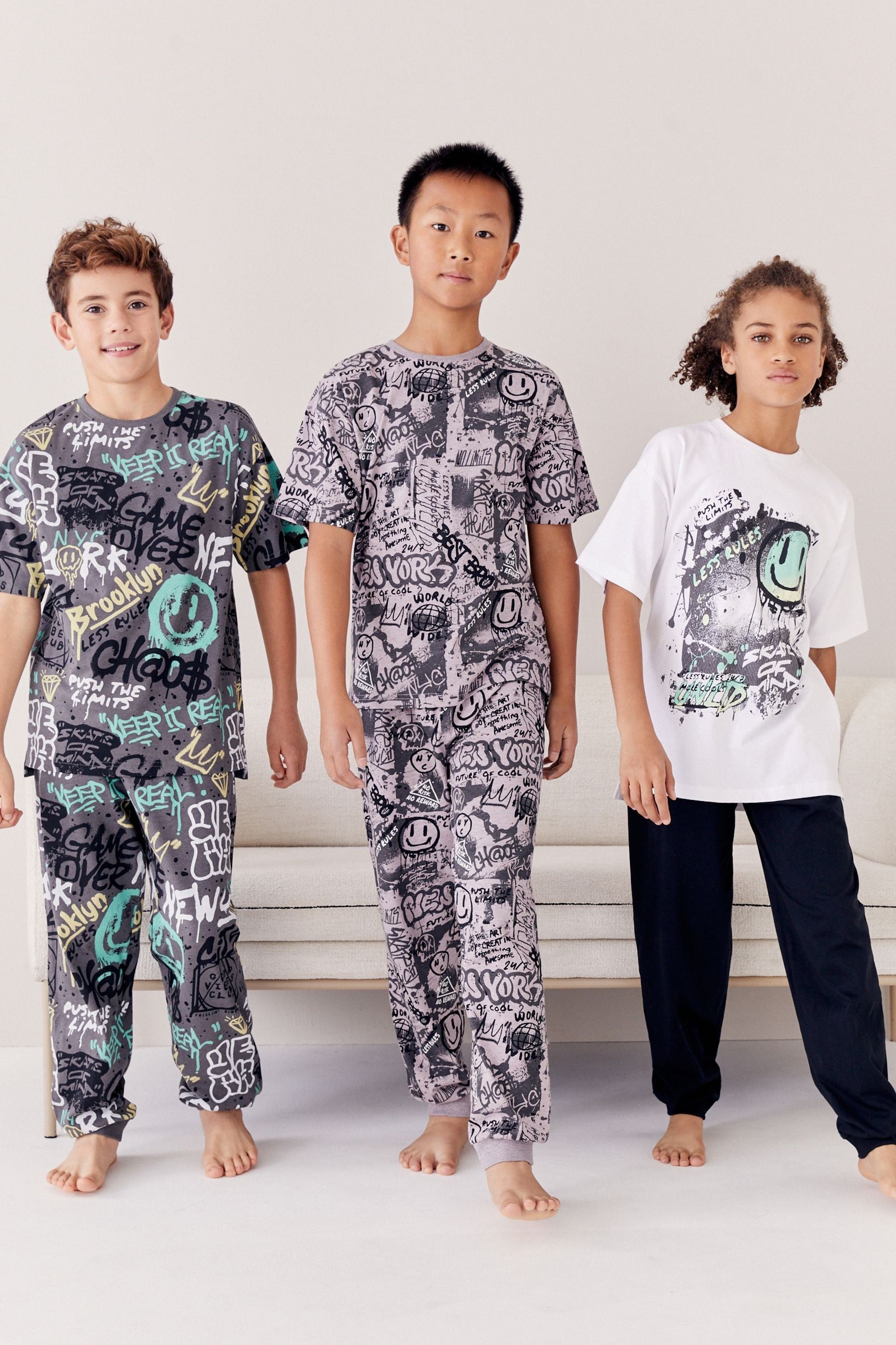 Charcoal Grey/Purple Grafitti Long Leg Short Sleeve Pyjamas 3 Pack (3-16yrs)