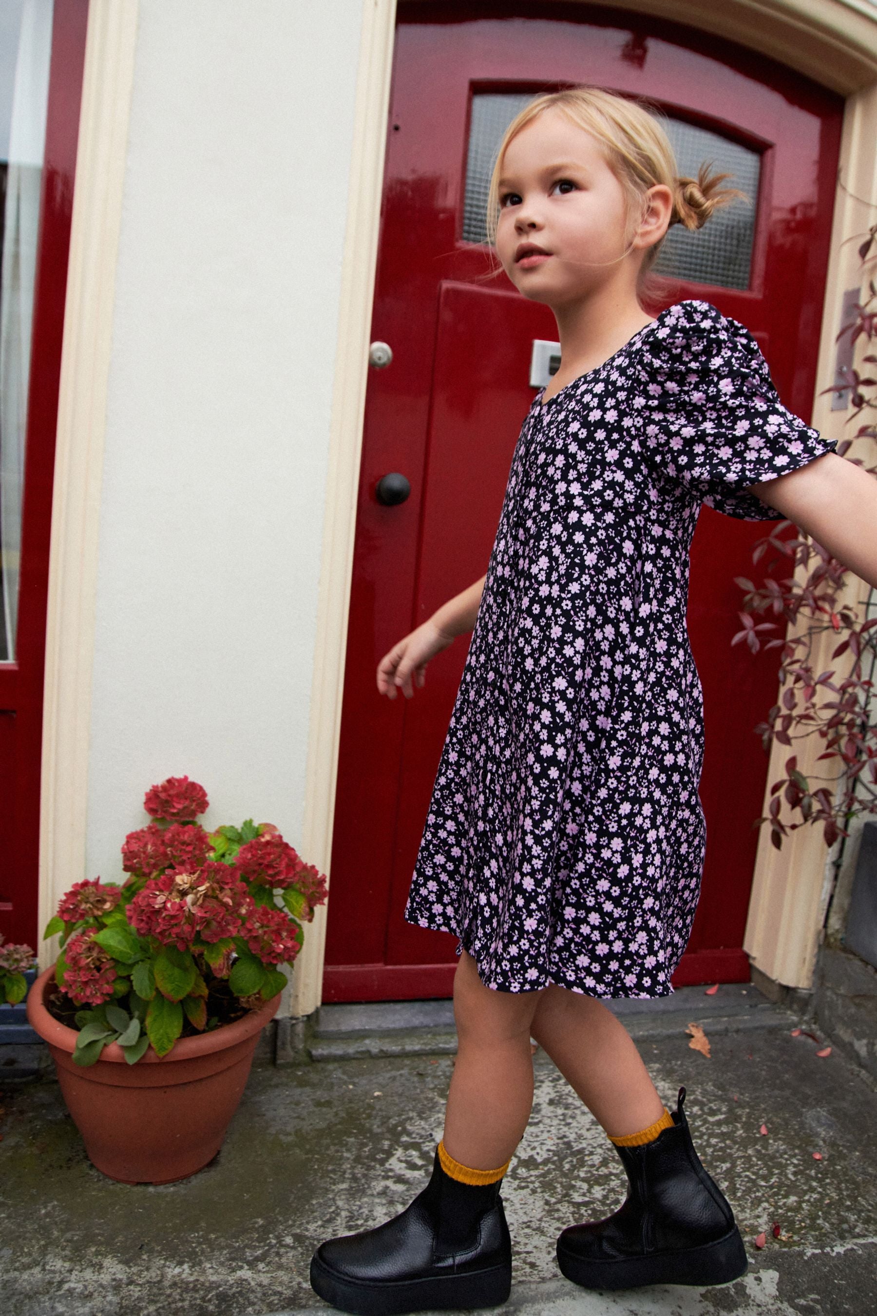 Black/Pink Floral Ruched Sleeve Tea Dress (3-16yrs)