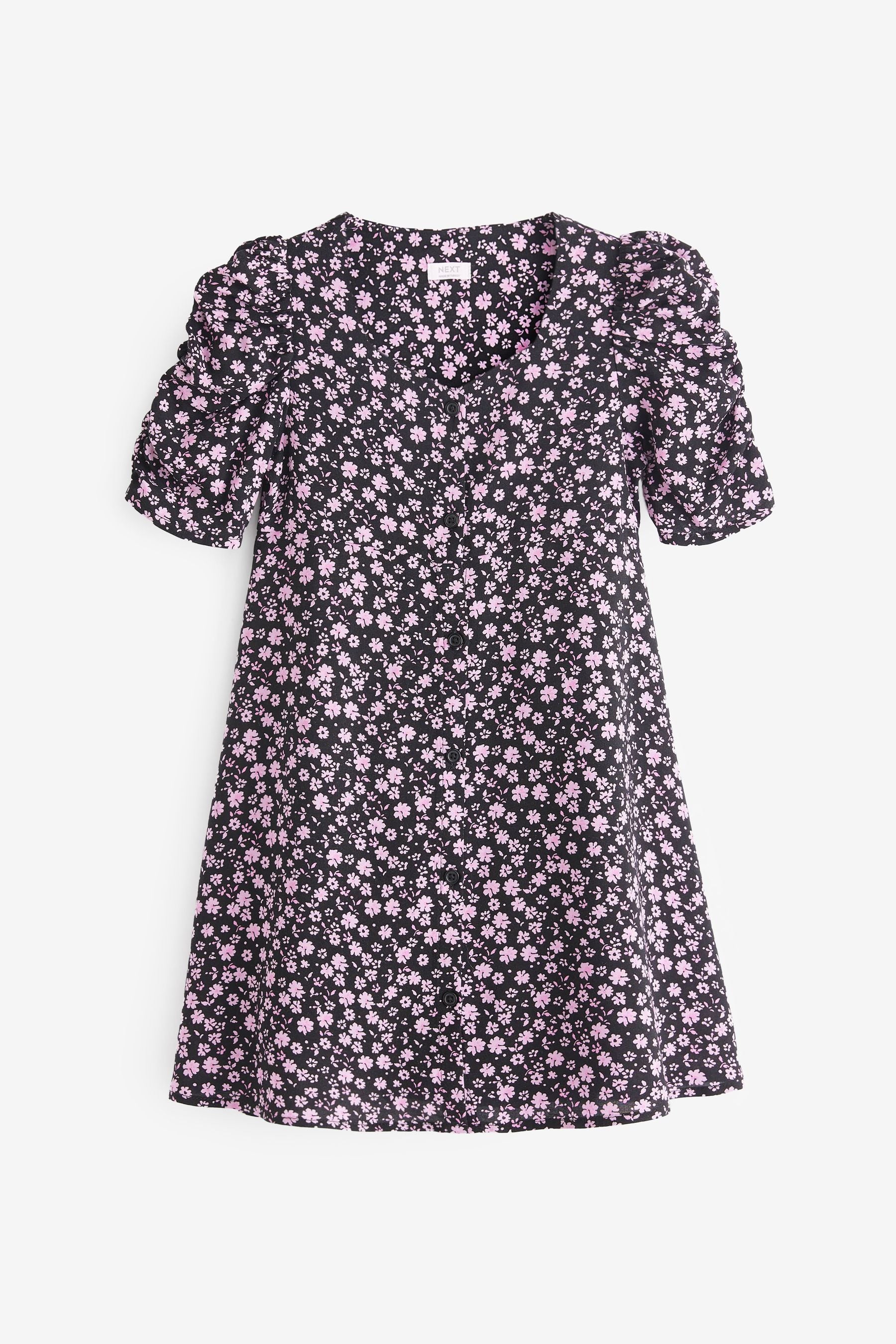 Black/Pink Floral Ruched Sleeve Tea Dress (3-16yrs)