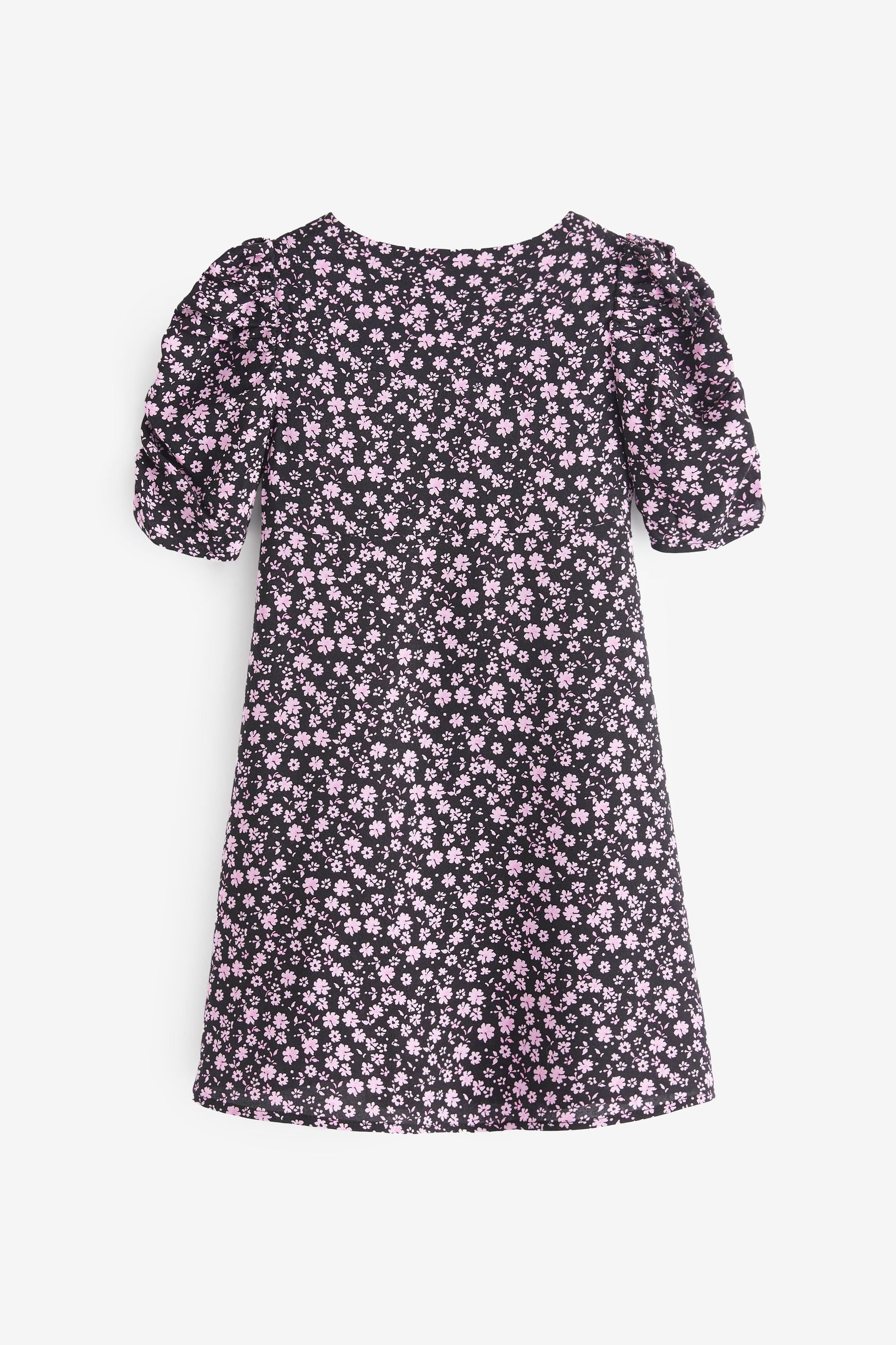 Black/Pink Floral Ruched Sleeve Tea Dress (3-16yrs)