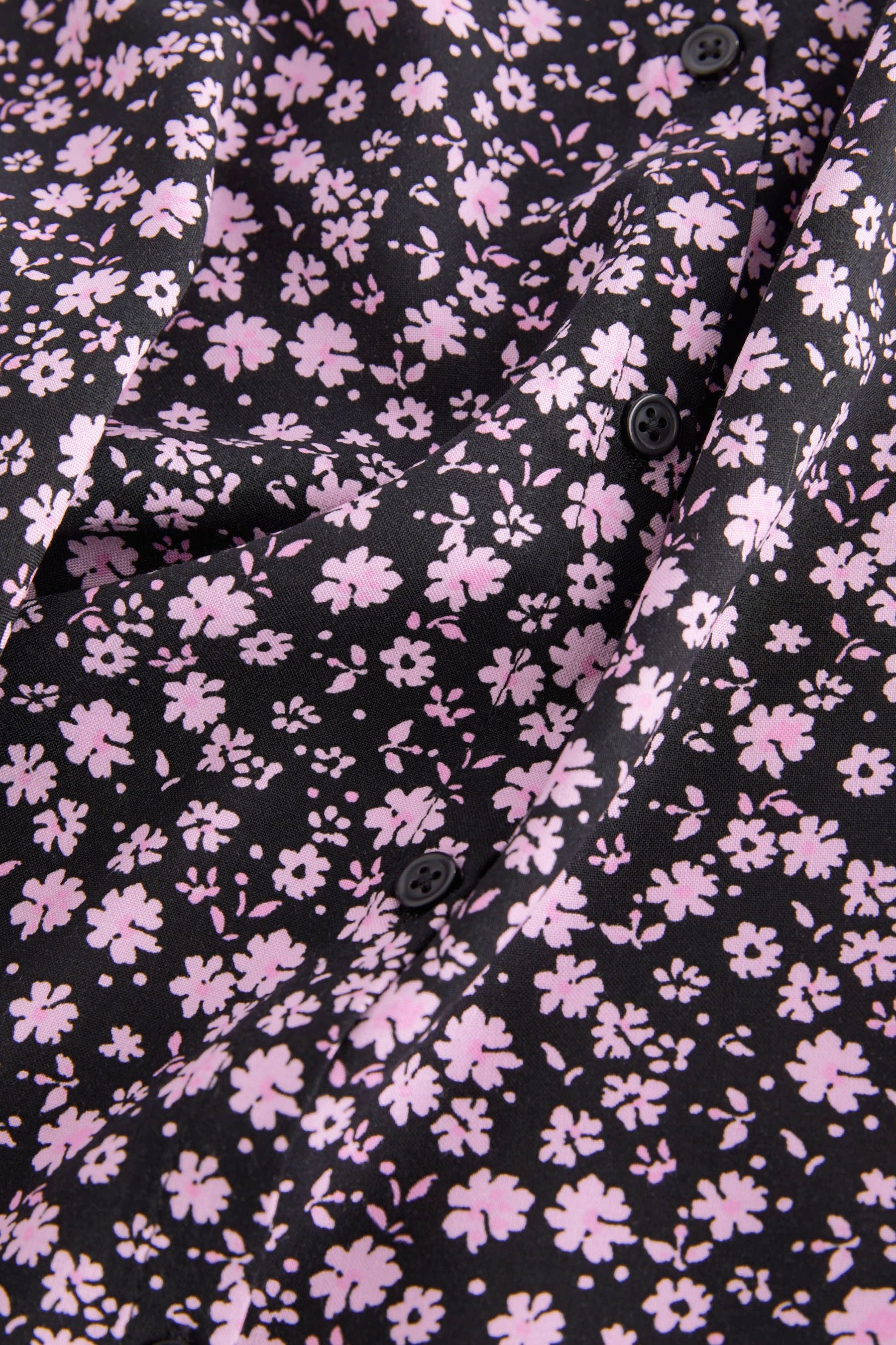 Black/Pink Floral Ruched Sleeve Tea Dress (3-16yrs)