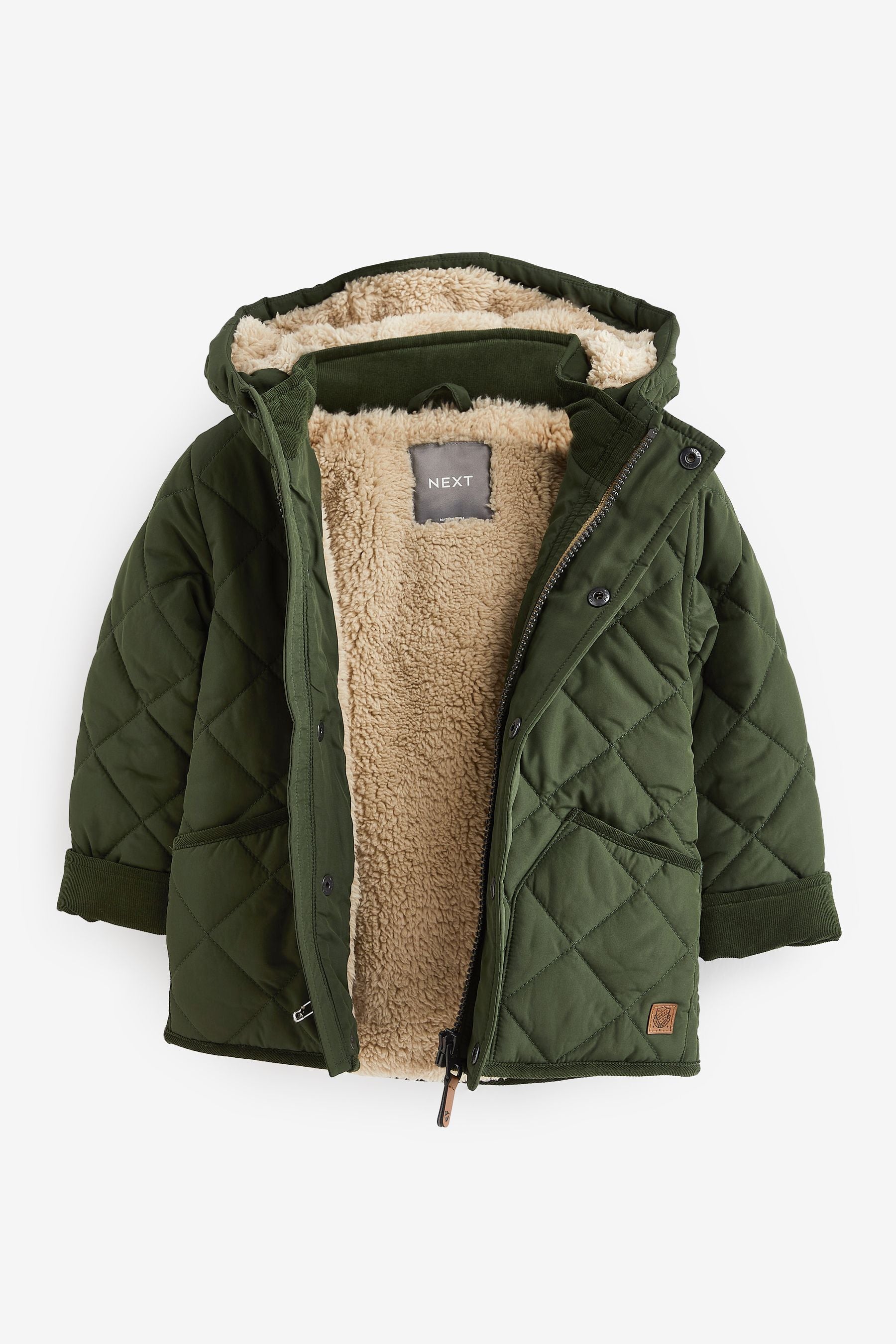 Khaki Green Quilted Teddy Borg Fleece Lined Jacket (3mths-7yrs)