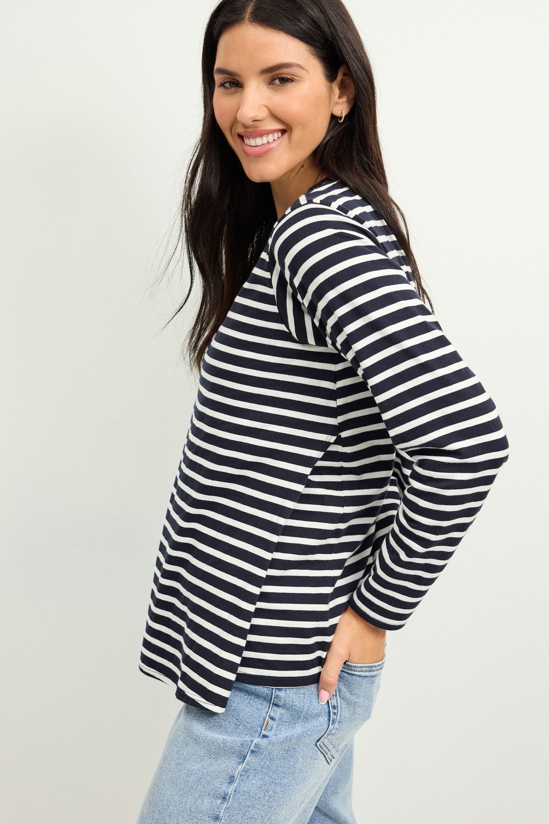 Navy Blue/White Maternity Long Sleeve Striped Nursing T-Shirt