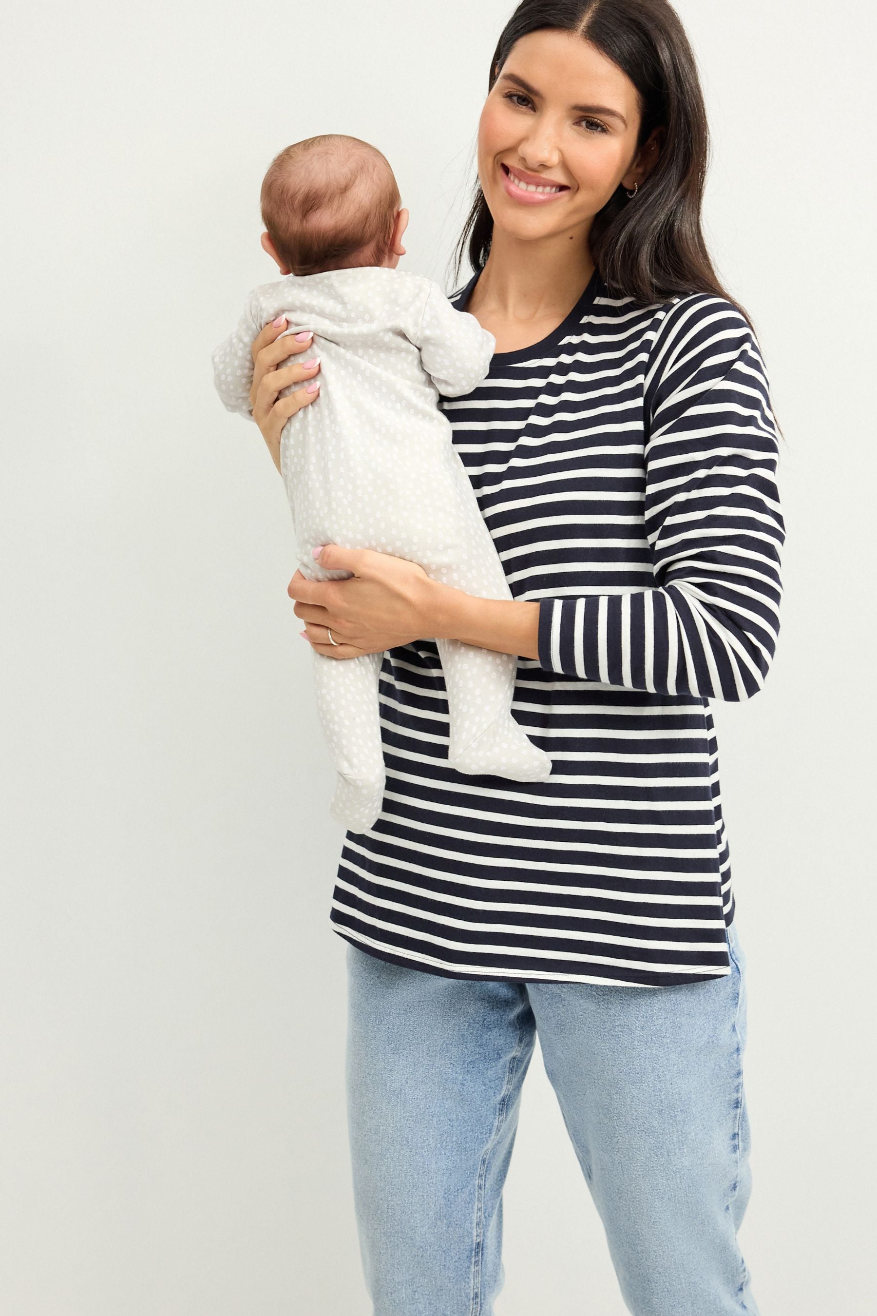 Navy Blue/White Maternity Long Sleeve Striped Nursing T-Shirt