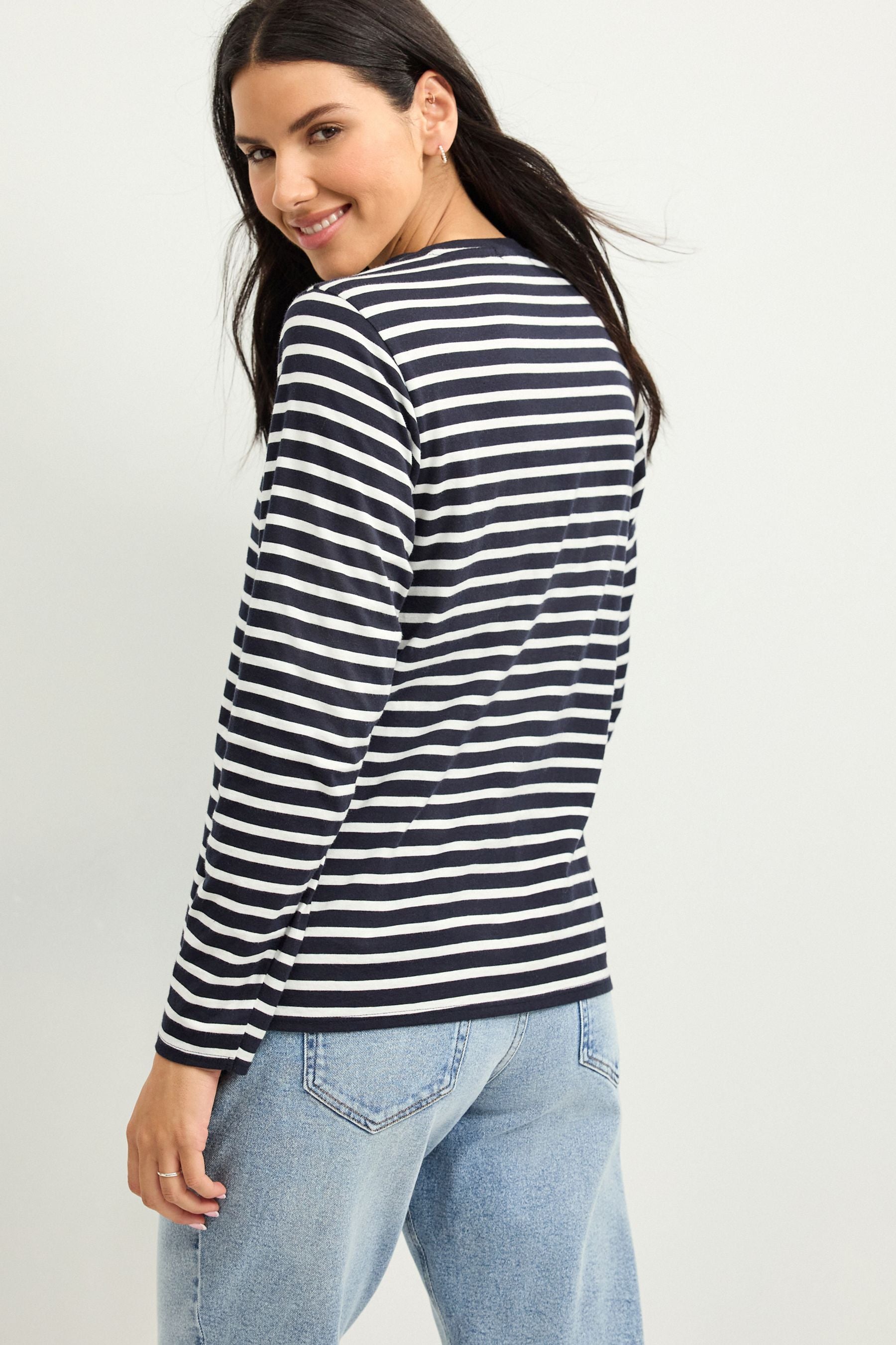 Navy Blue/White Maternity Long Sleeve Striped Nursing T-Shirt