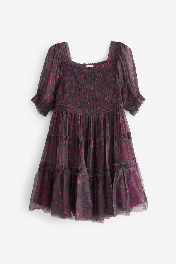 Berry Red Ditsy Floral Mesh Tiered Dress (3-16yrs)