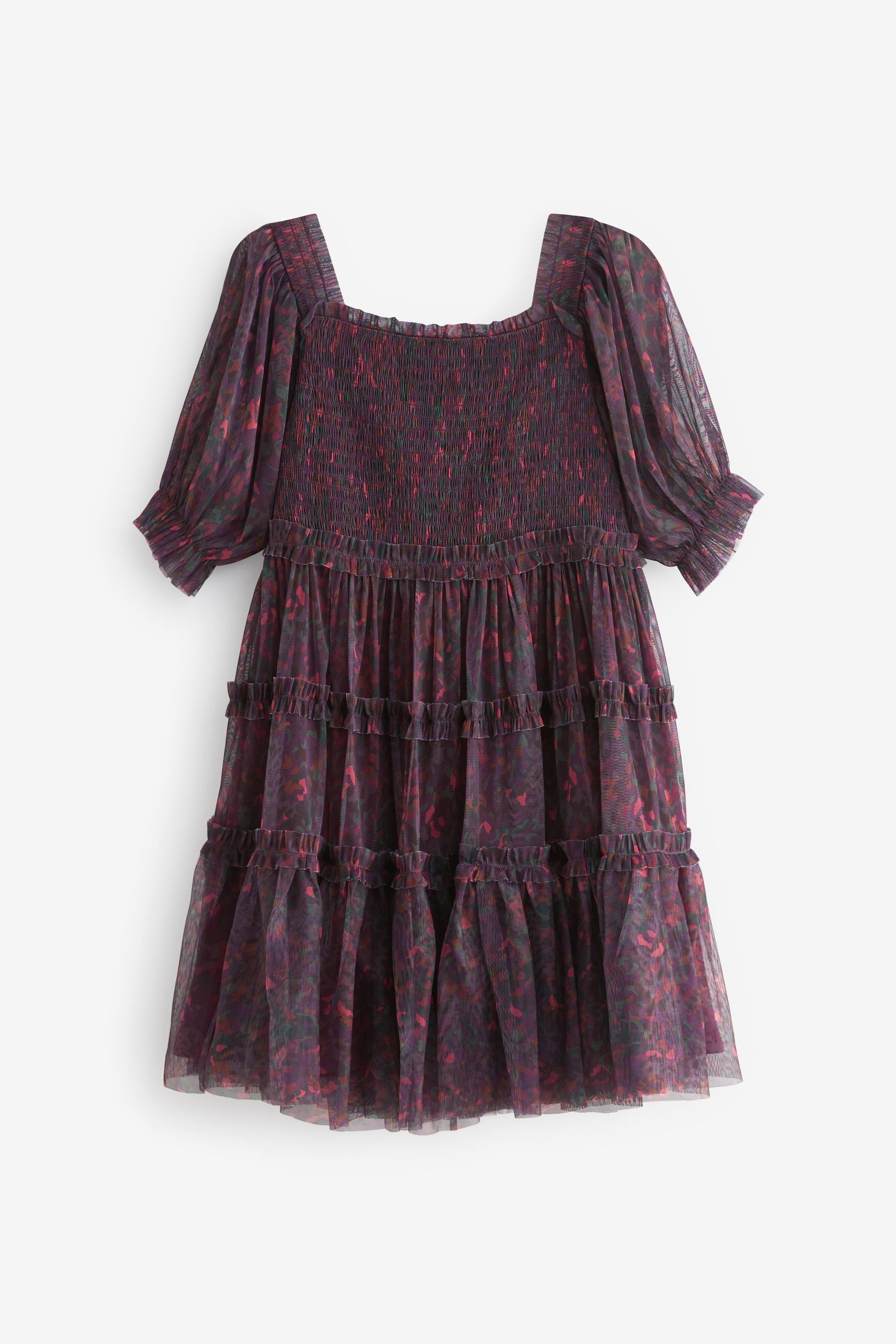 Berry Red Ditsy Floral Mesh Tiered Dress (3-16yrs)