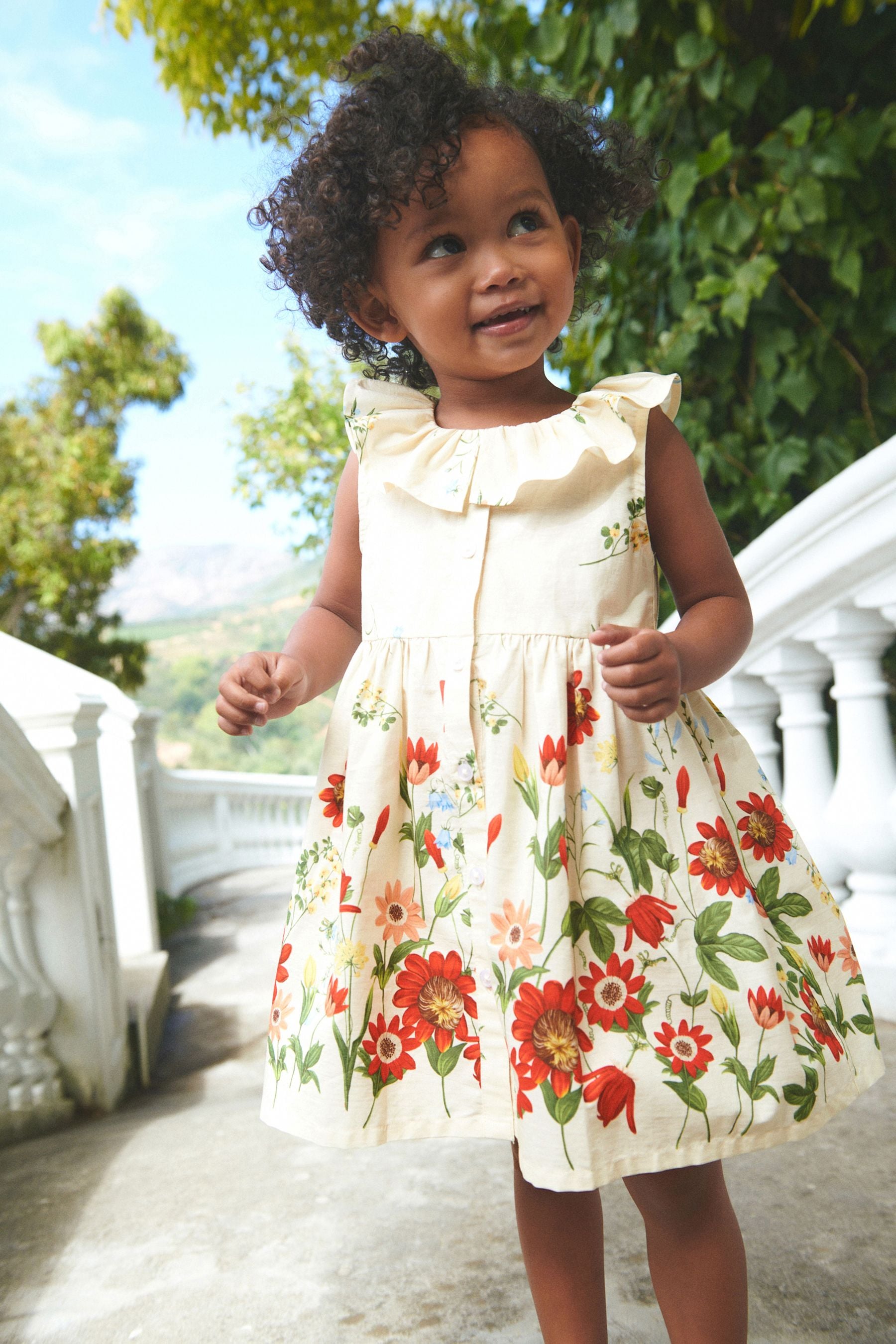 Cream/Red Border Print Ruffle Collar Dress (3mths-8yrs)