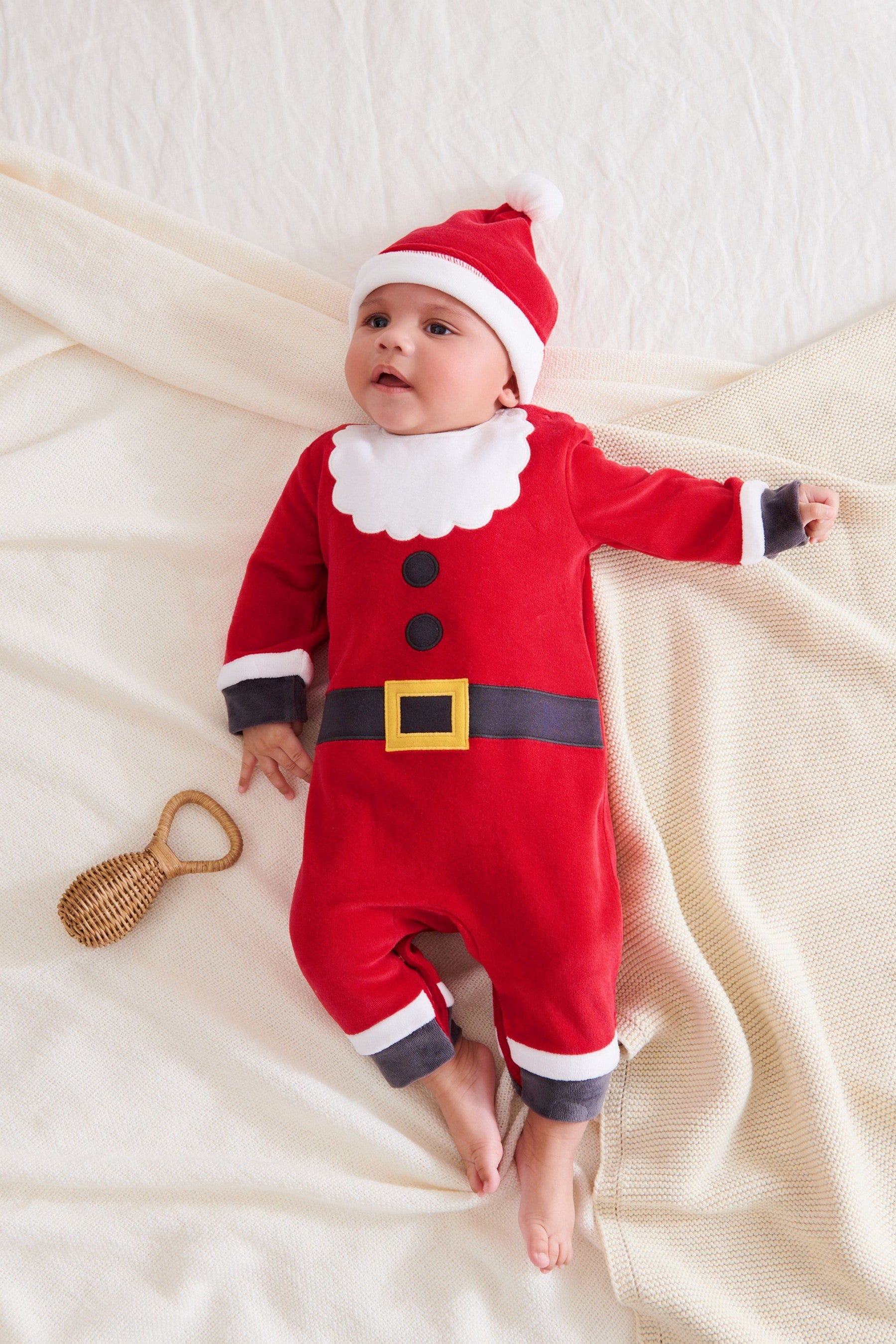 Christmas Santa Next Velour Baby Sleepsuit (0-3yrs)