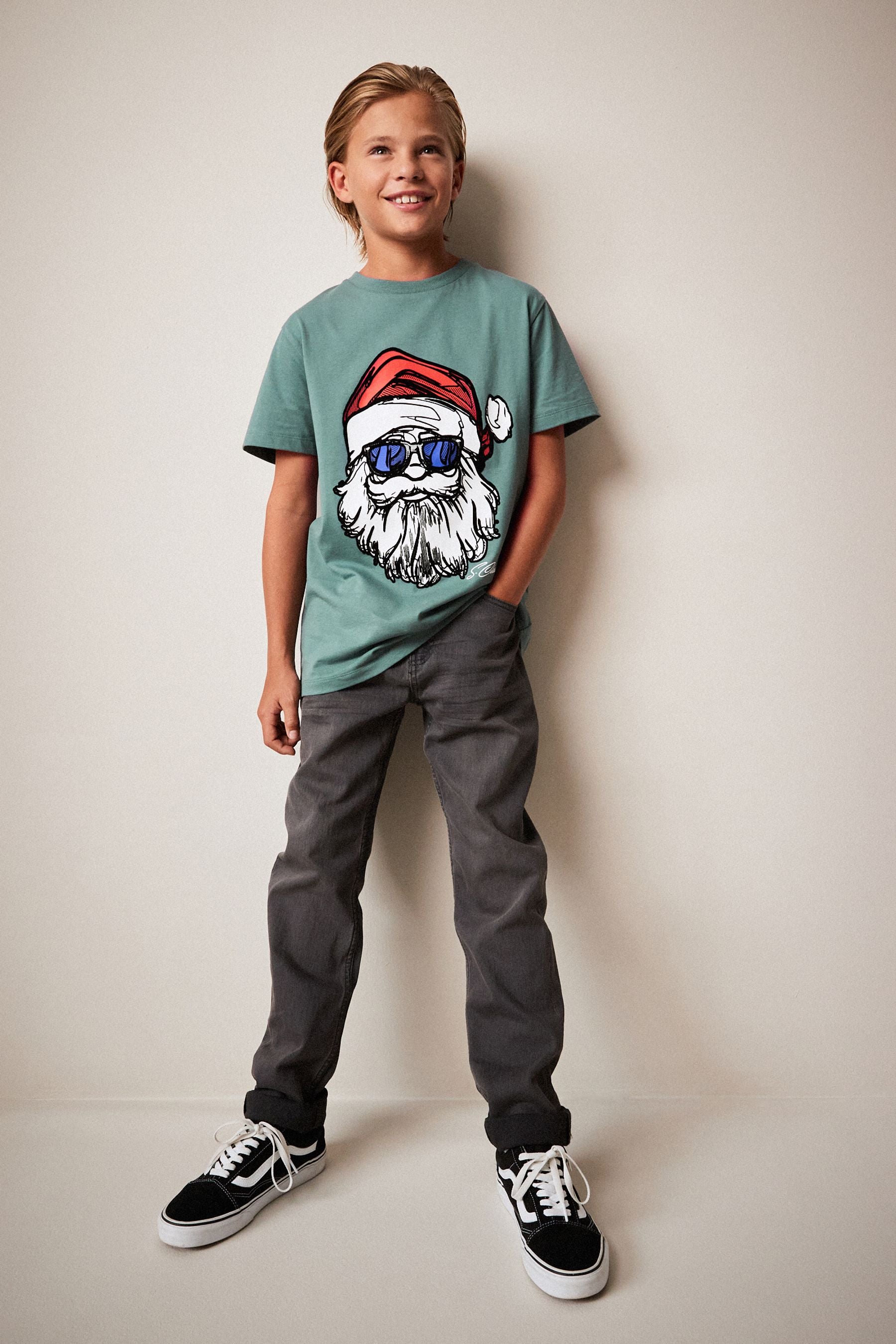 Mineral Blue Santa Short Sleeve Christmas T-Shirt (3-16yrs)