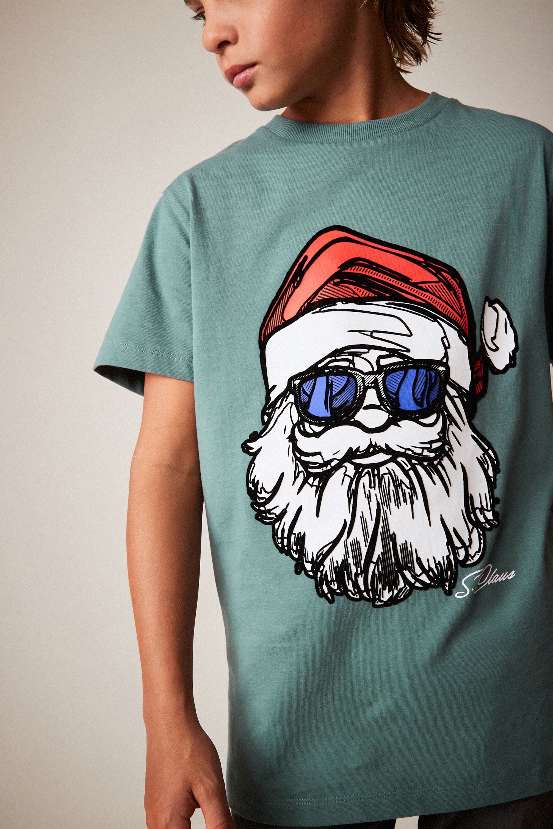 Mineral Blue Santa Short Sleeve Christmas T-Shirt (3-16yrs)