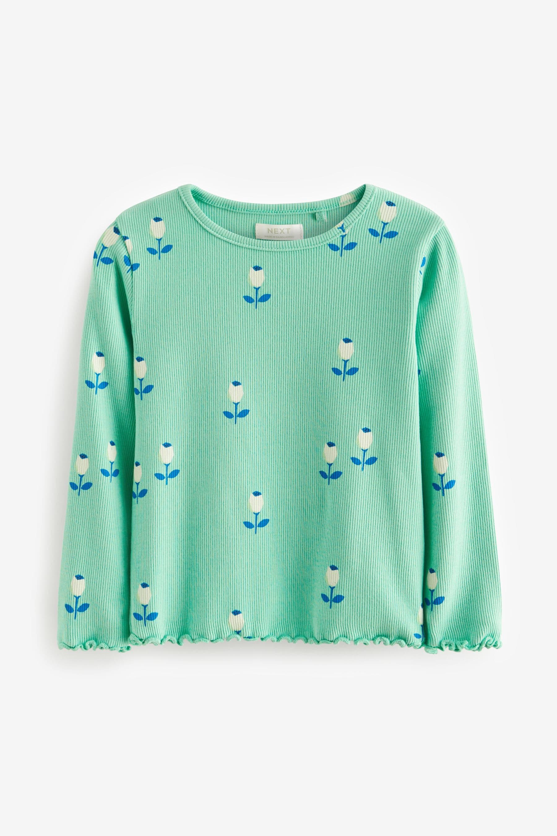 Green Flower Cotton-Rich Long Sleeve Rib T-Shirt (3mths-7yrs)