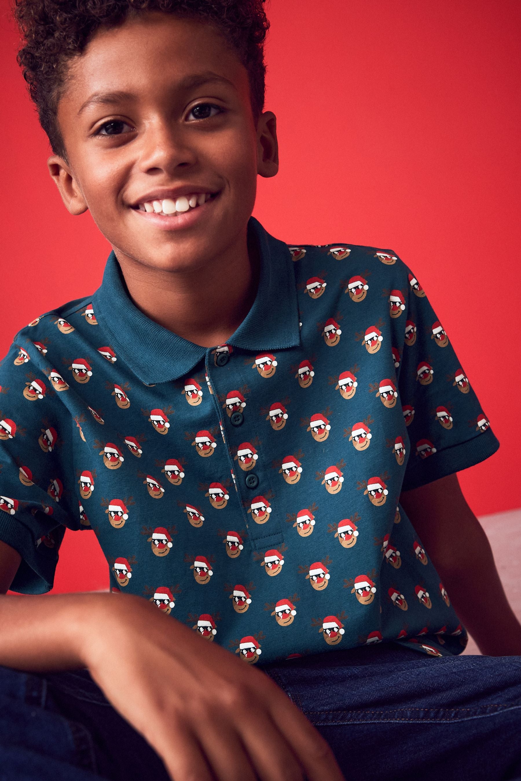 Navy Reindeer Short Sleeve All Over Print Polo Shirt (3-16yrs)