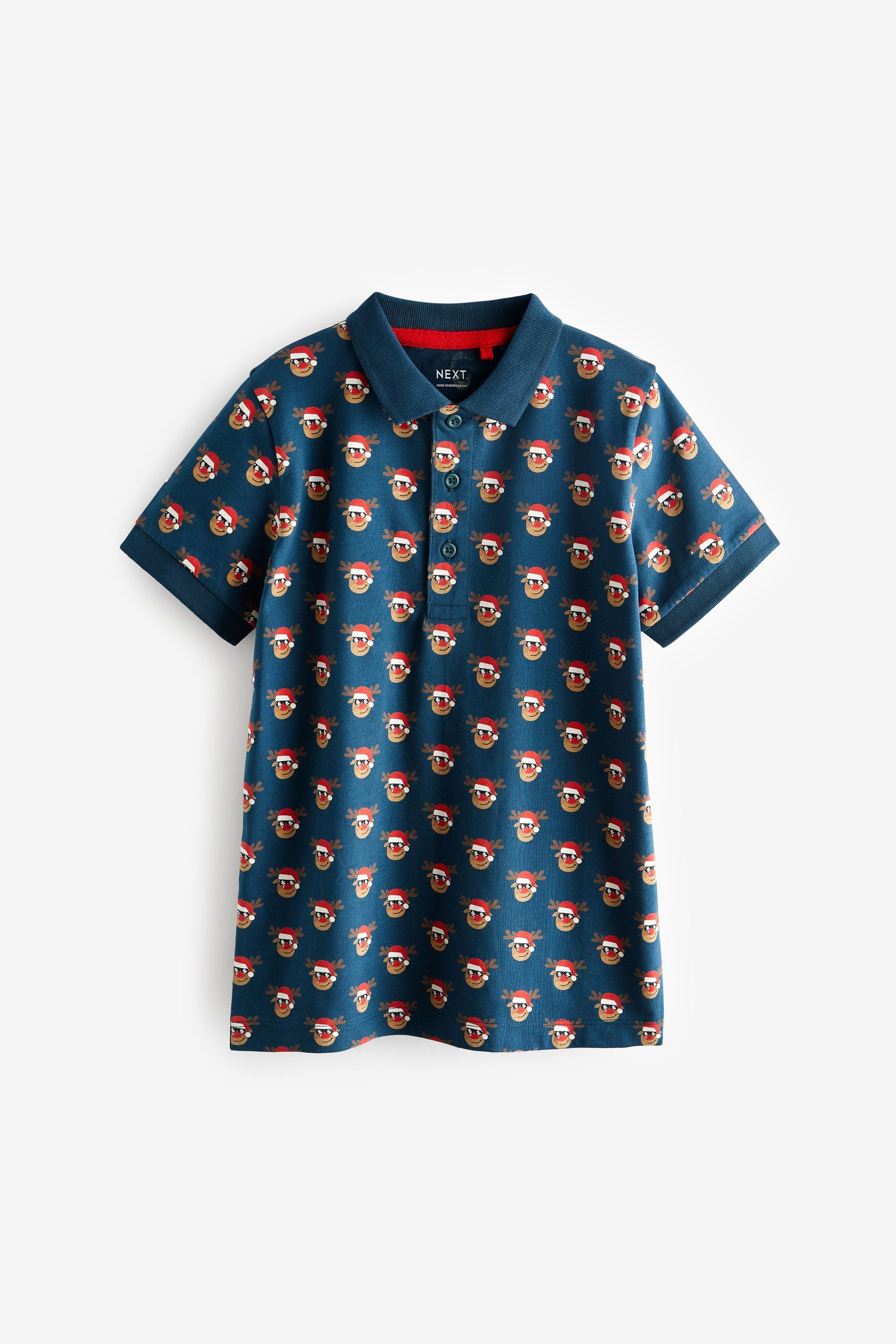 Navy Reindeer Short Sleeve All Over Print Polo Shirt (3-16yrs)