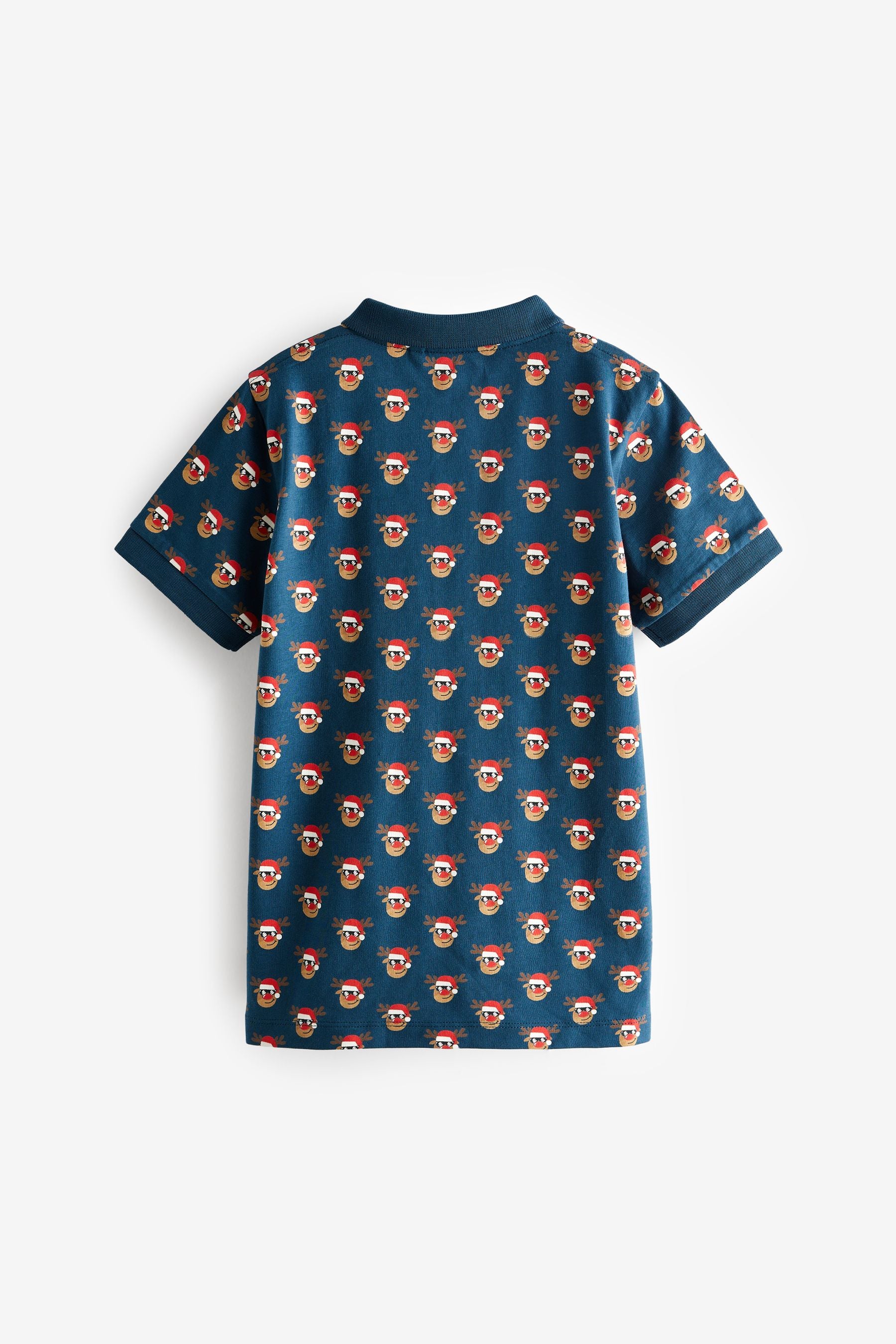 Navy Reindeer Short Sleeve All Over Print Polo Shirt (3-16yrs)