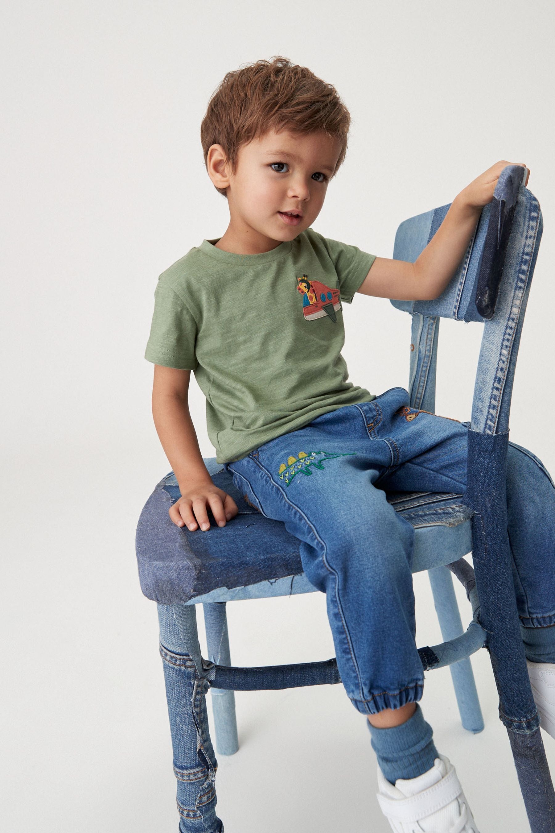 Mid Blue Denim Embroidered Character Jeans With Cuff (3mths-7yrs)