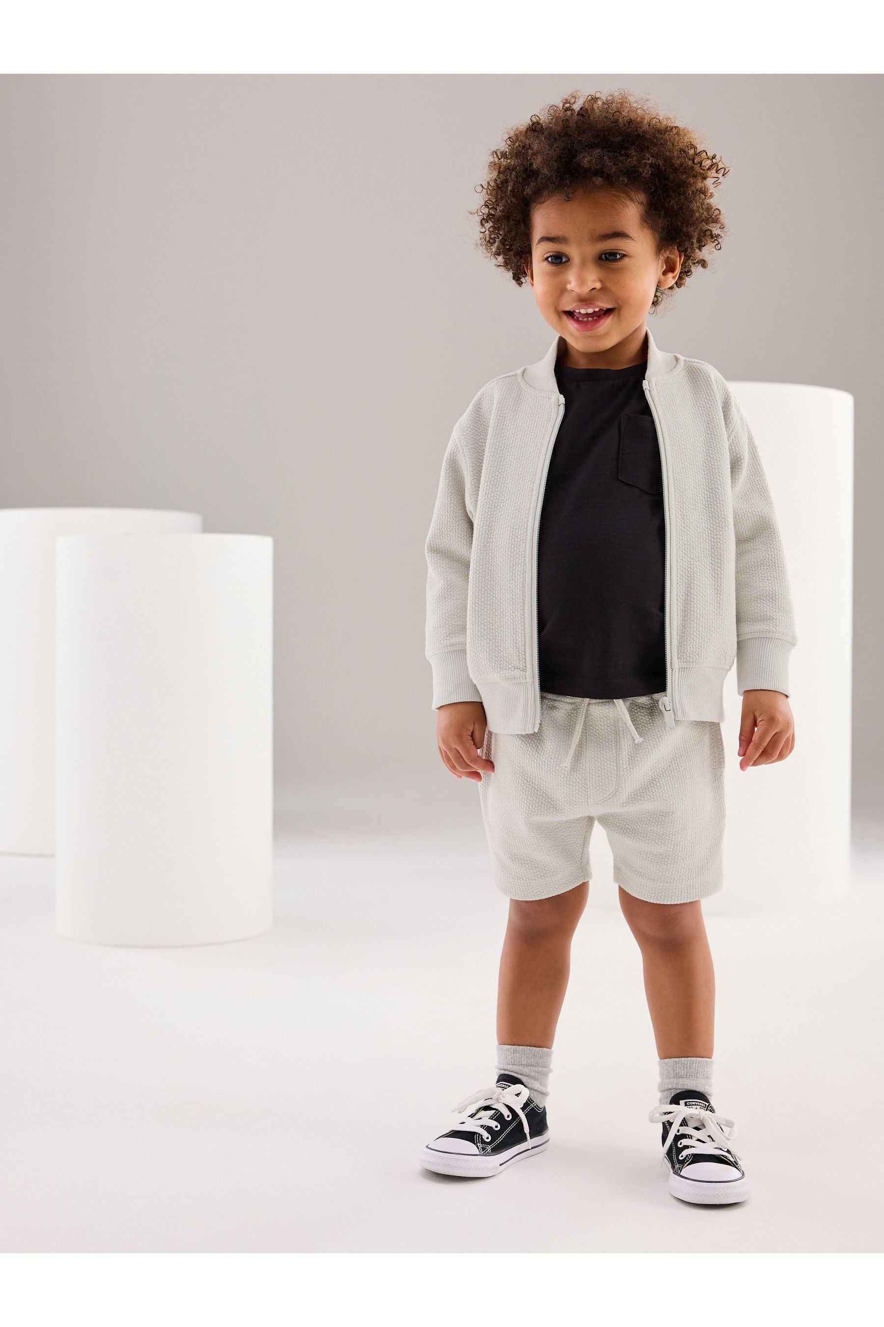 Light Grey Zip Through Jersey Bomber Jacket And Shorts Set (3mths-7yrs)