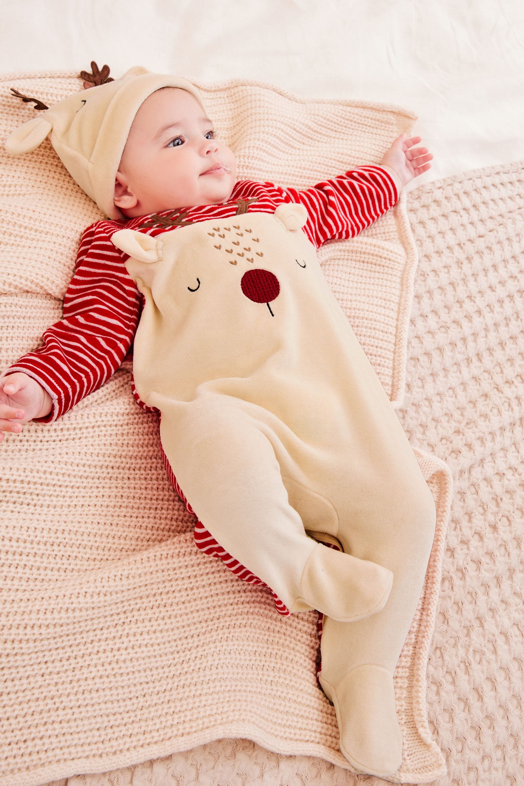 Cream/Red Christmas Velour Baby Sleepsuit (0mths-2yrs)