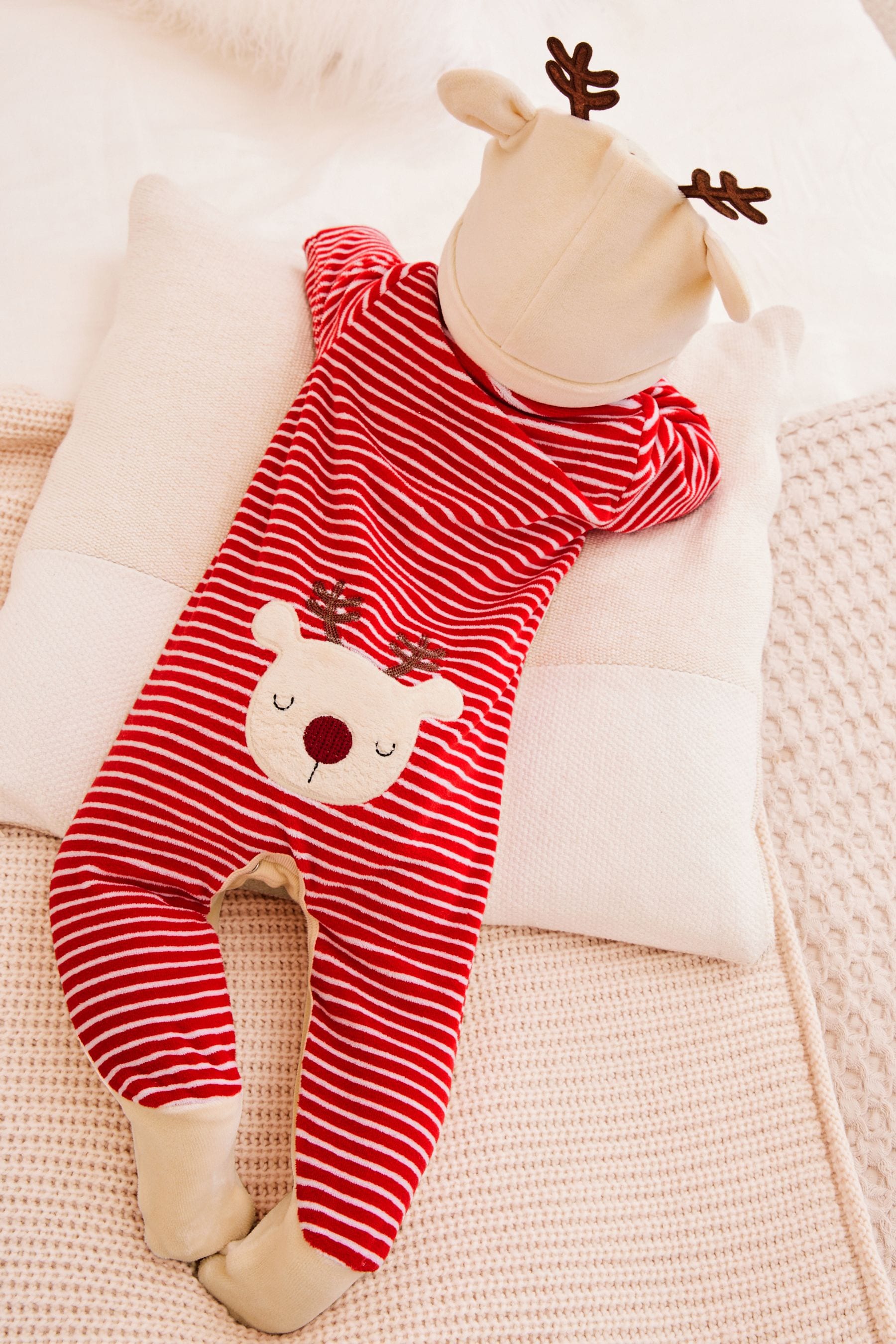 Cream/Red Christmas Velour Baby Sleepsuit (0mths-2yrs)