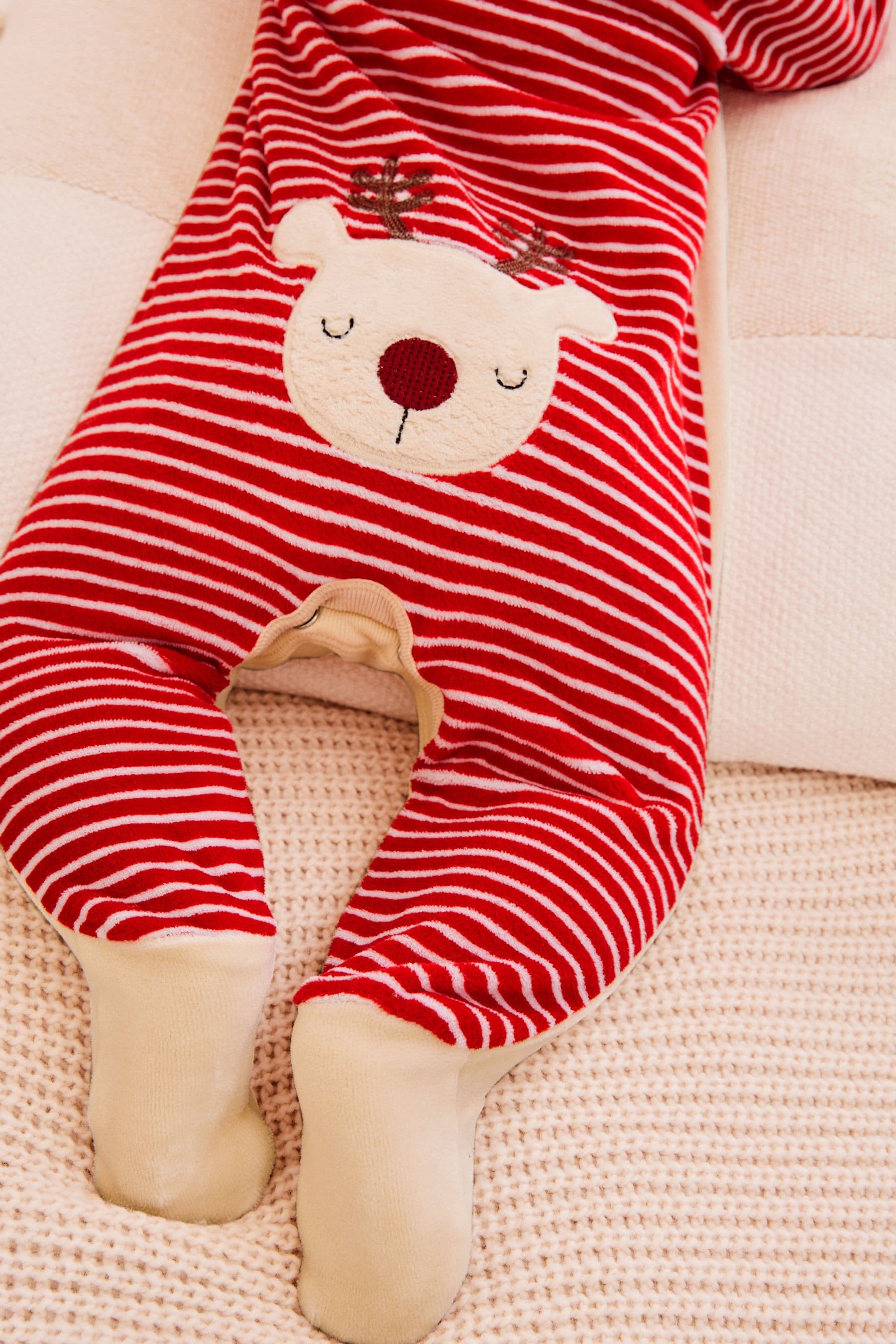 Cream/Red Christmas Velour Baby Sleepsuit (0mths-2yrs)