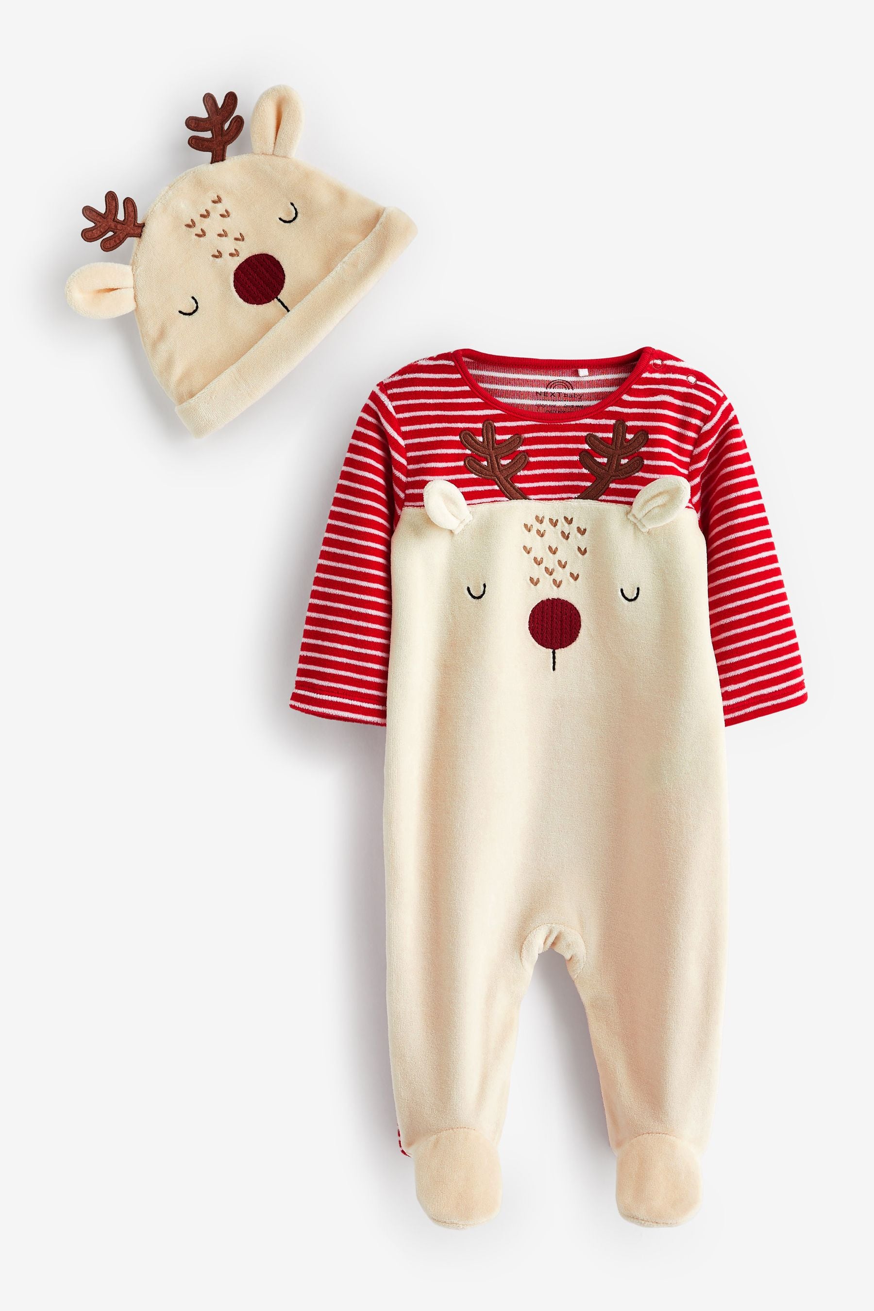 Cream/Red Christmas Velour Baby Sleepsuit (0mths-2yrs)