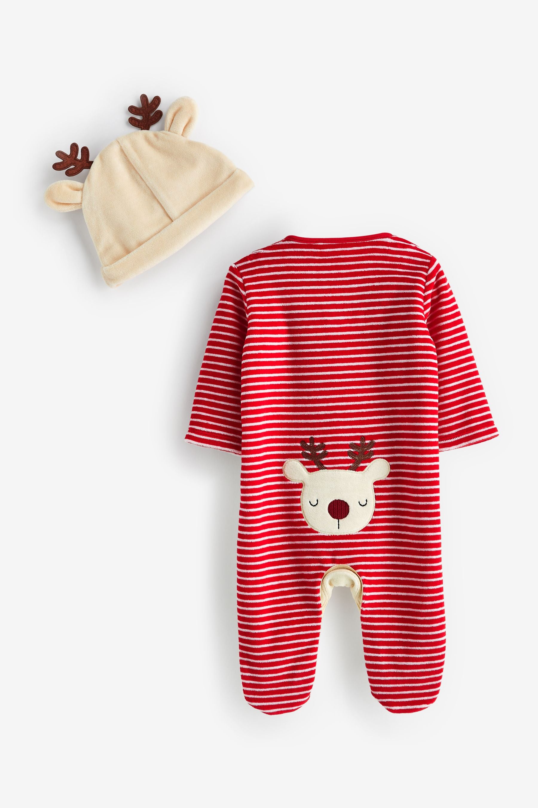 Cream/Red Christmas Velour Baby Sleepsuit (0mths-2yrs)