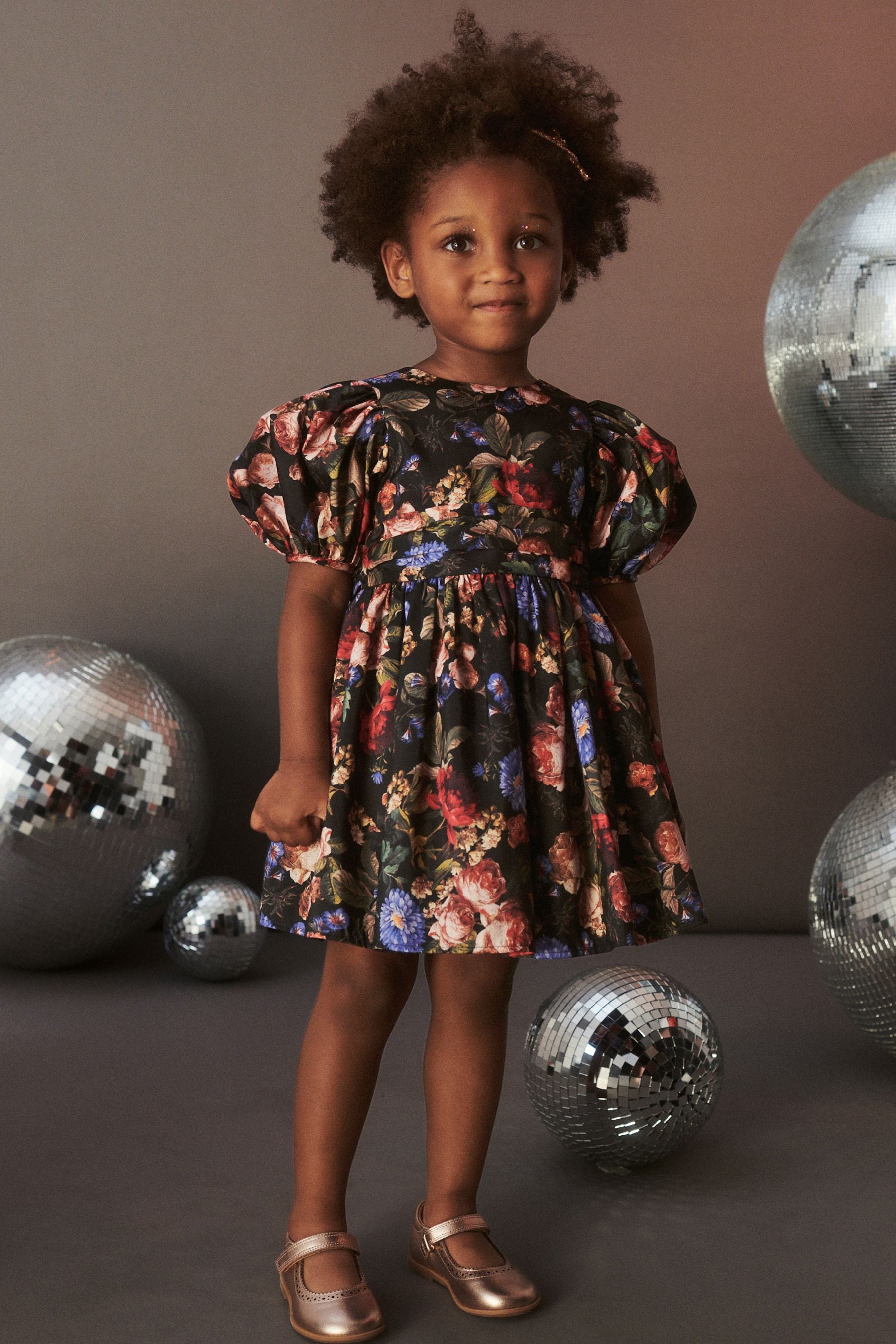 Black Floral Printed Taffeta Party Dress (3mths-8yrs)