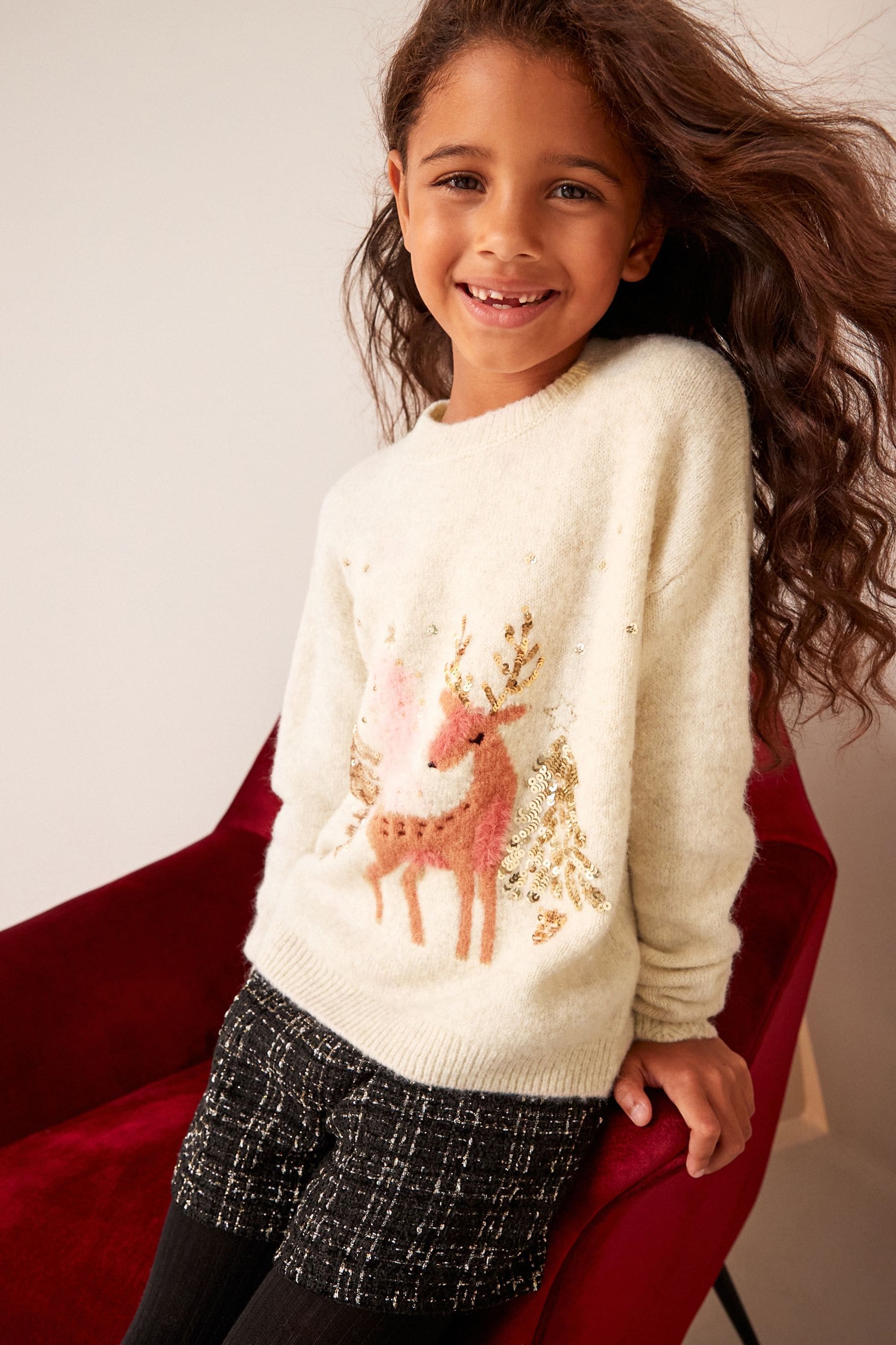 Cream Deer Sequin Jumper (3-16yrs)