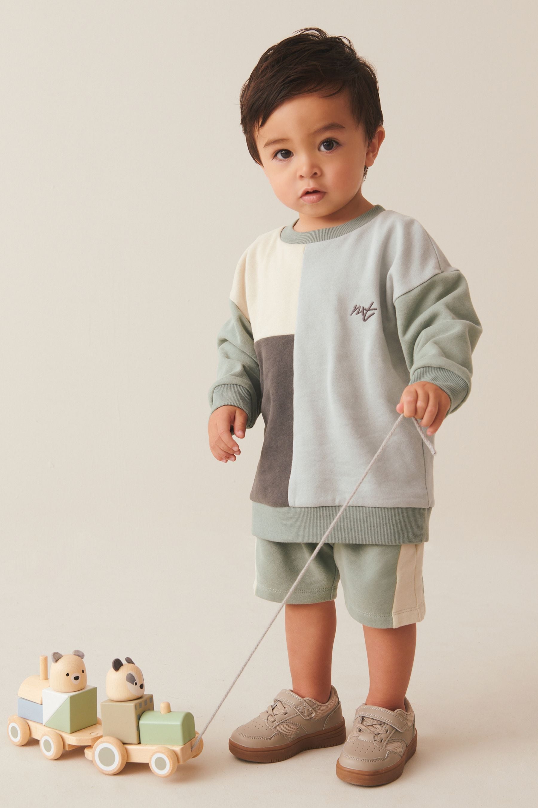 Mineral Blue/Mint Green Oversized Colourblock Sweatshirt and Shorts Set (3mths-7yrs)