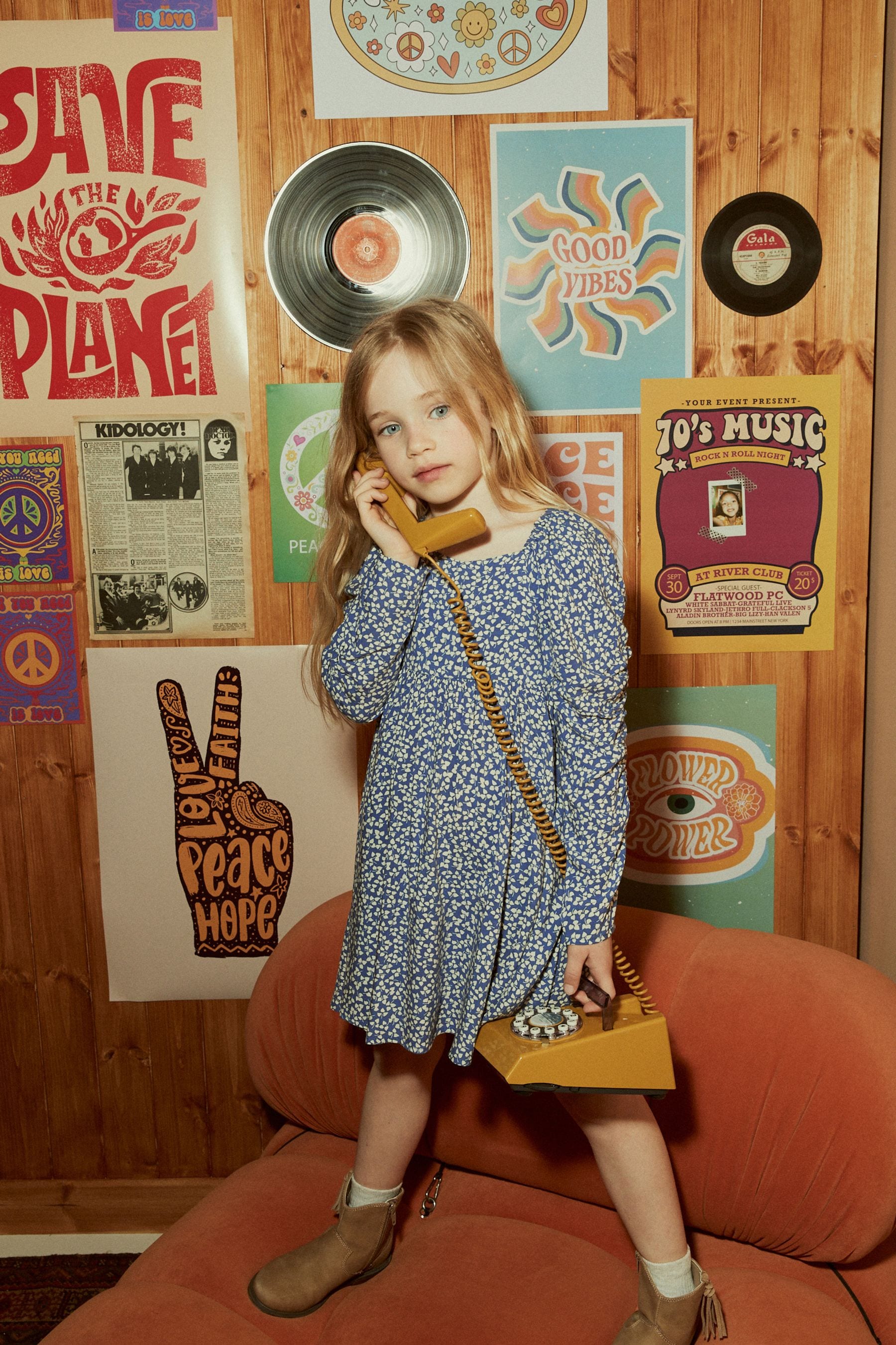 Blue Ditsy Printed Ruched Sleeve Dress (3-16yrs)